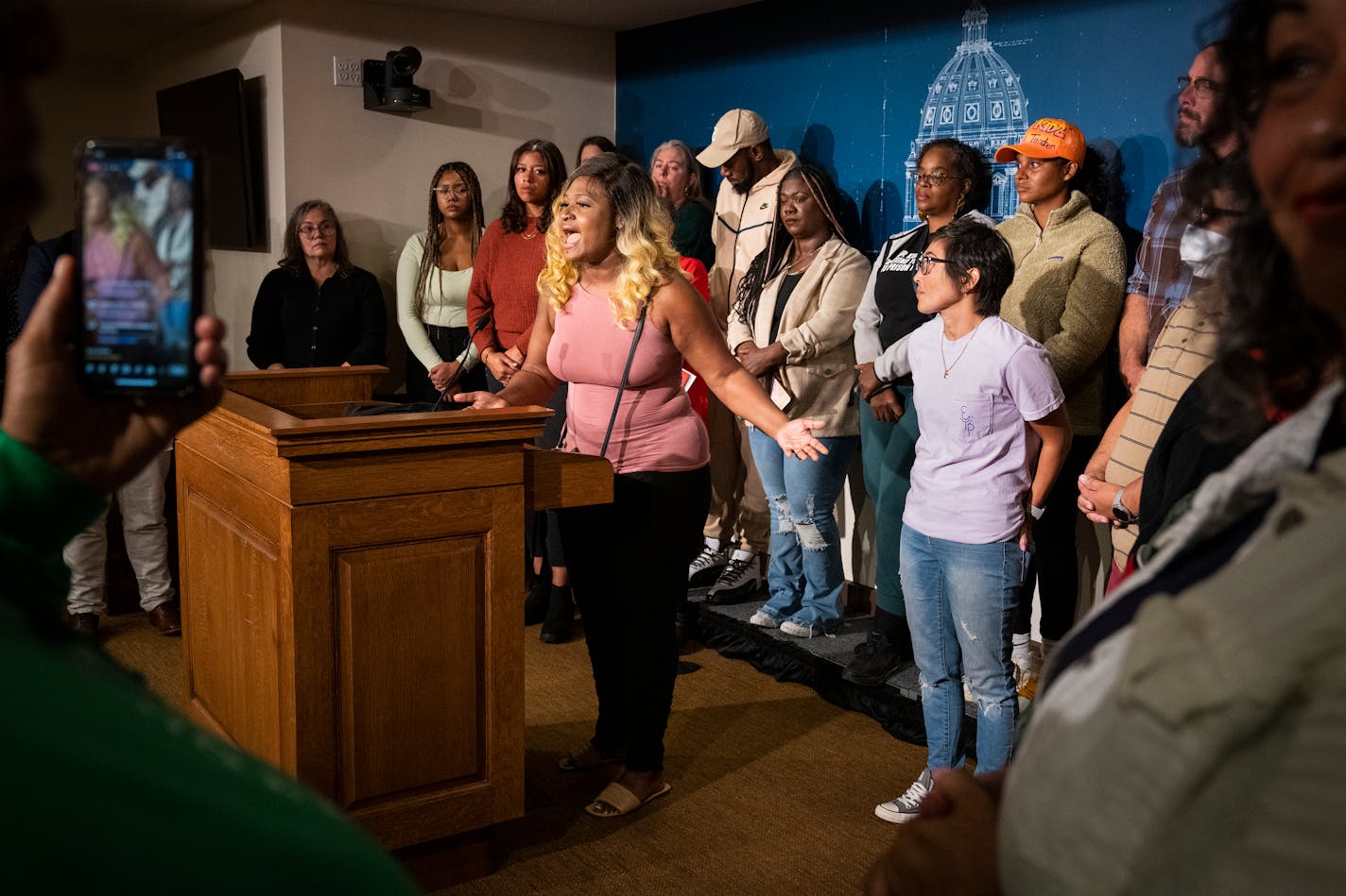 Toshira Garraway of Families Supporting Families Against Police Violence spoke at a news conference with a coalition of educators, parents, and advocates pushing back on the need for a special session to roll back a law that bars school resource officers from employing certain holds on students at the Minnesota State Capitol in St. Paul, Minn. on Thursday, Sept. 7, 2023. The law has led to several law enforcement agencies pulling officers from schools in the lead up to a new academic year, but activists say the new guidelines are necessary in order to minimize the over-policing of students of color in Minnesota schools. ] LEILA NAVIDI • leila.navidi@startribune.com