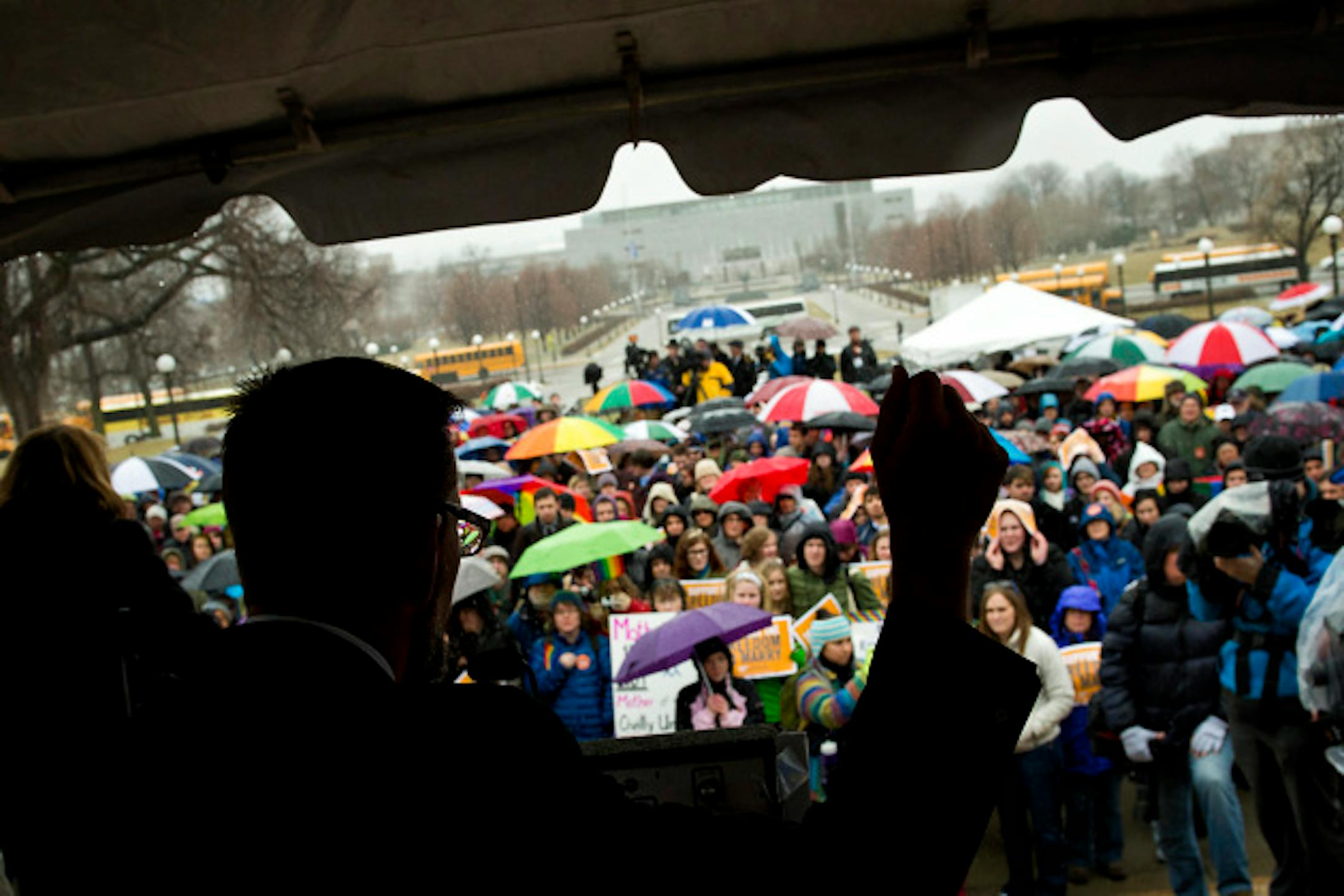 Senator Scott Dibble, co-author of the same-sex marriage bill told the crowd how his husband reacted upon hearing Dibble was safe after running in the Boston Marathon this weekend.  He said he is a legal stranger to his husband but they are family and deserve the freedom to marry.  Hundreds of Minnesotans from around the state rallied in front of the State Capitol in support of same-sex couples to be allowed to marry.  Key bills are expected soon at the legislature.  Thursday, April 18, 2013     ]     GLEN STUBBE * gstubbe@startribune.com