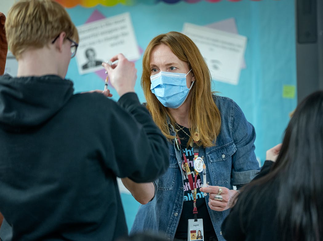 Ingrid Johansen, M Health Fairview’s director of community clinical care, demonstrated how to administer an injectable naloxone to a group of students at Washington Technology Magnet School in St. Paul on Jan. 11.