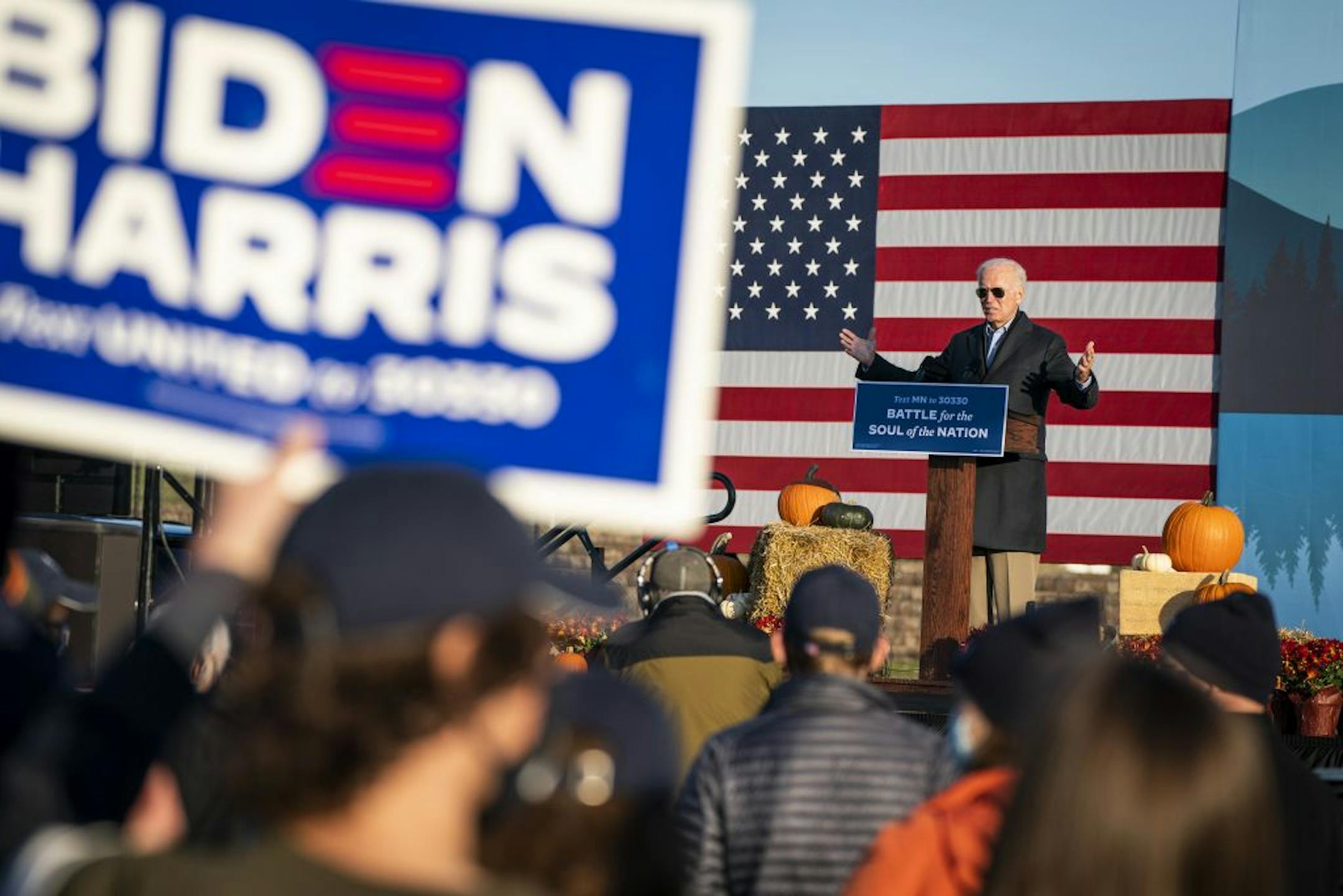 Former Vice President Joe Biden spoke during a drive-in campaign event in Falcon Heights.