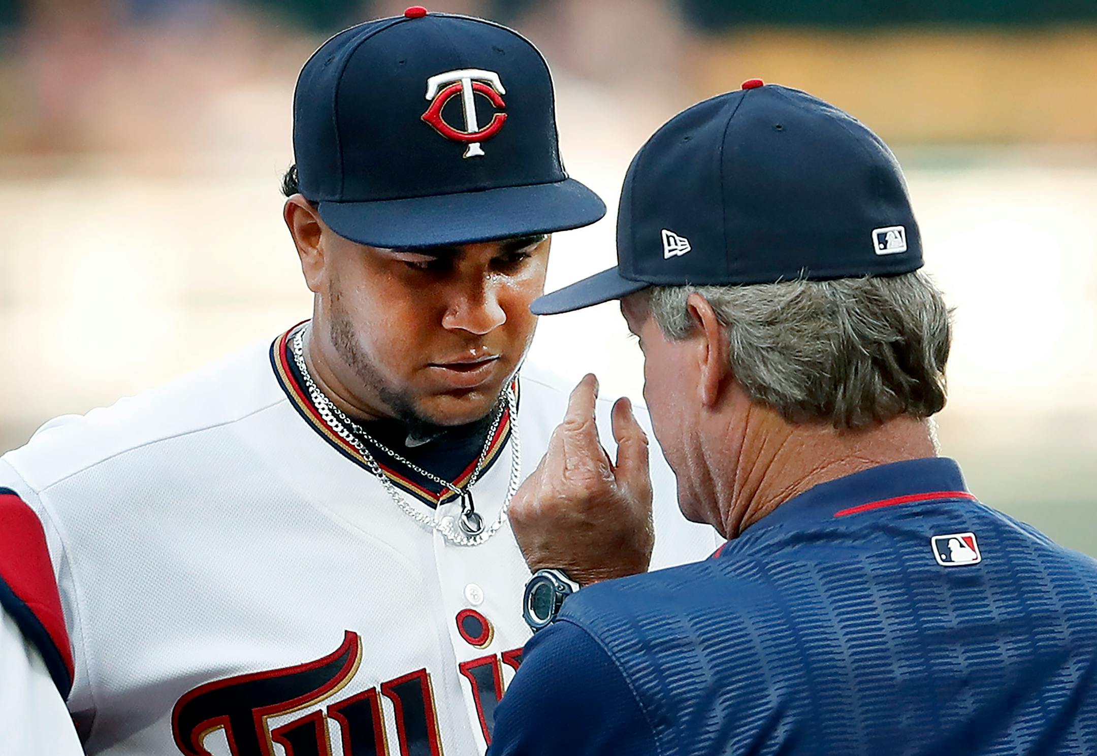 Twins pitching coach Neil Allen spoke with Twins starter Adalberto Mejia in the second inning. ] CARLOS GONZALEZ � cgonzalez@startribune.com - June 11, 2017, Minneapolis, MN, Target Field, MLB, Minnesota Twins vs. Seattle Mariners