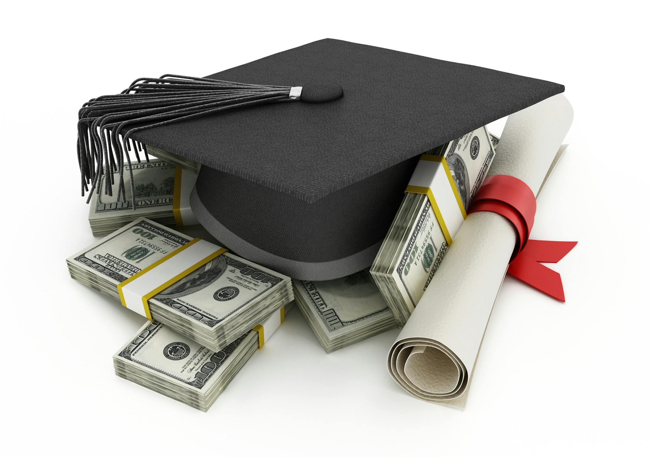 Mortarboard and diploma standing on 100 dollar bills.