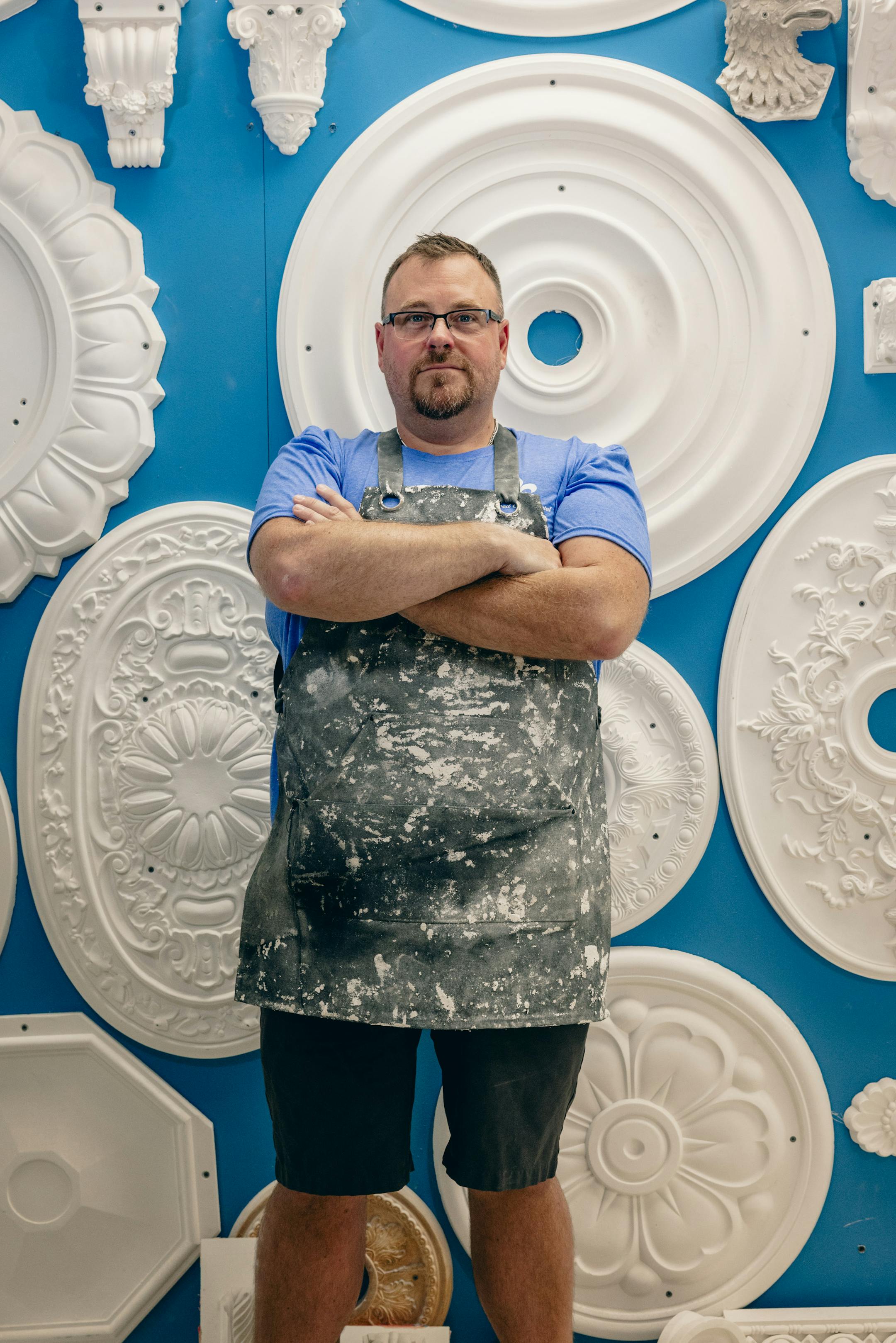 Adam Bergeron at Inspired Ornamental, his plaster fabrication company in Salem, N.H., on Aug. 18, 2023. Designers and fabricators are finding new forms for the ornamental material. (Jesse Burke/The New York Times)