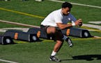 Southern California guard Alijah Vera-Tucker participates in the school's pro day football workout for NFL scouts Wednesday, March 24, 2021, in Los An