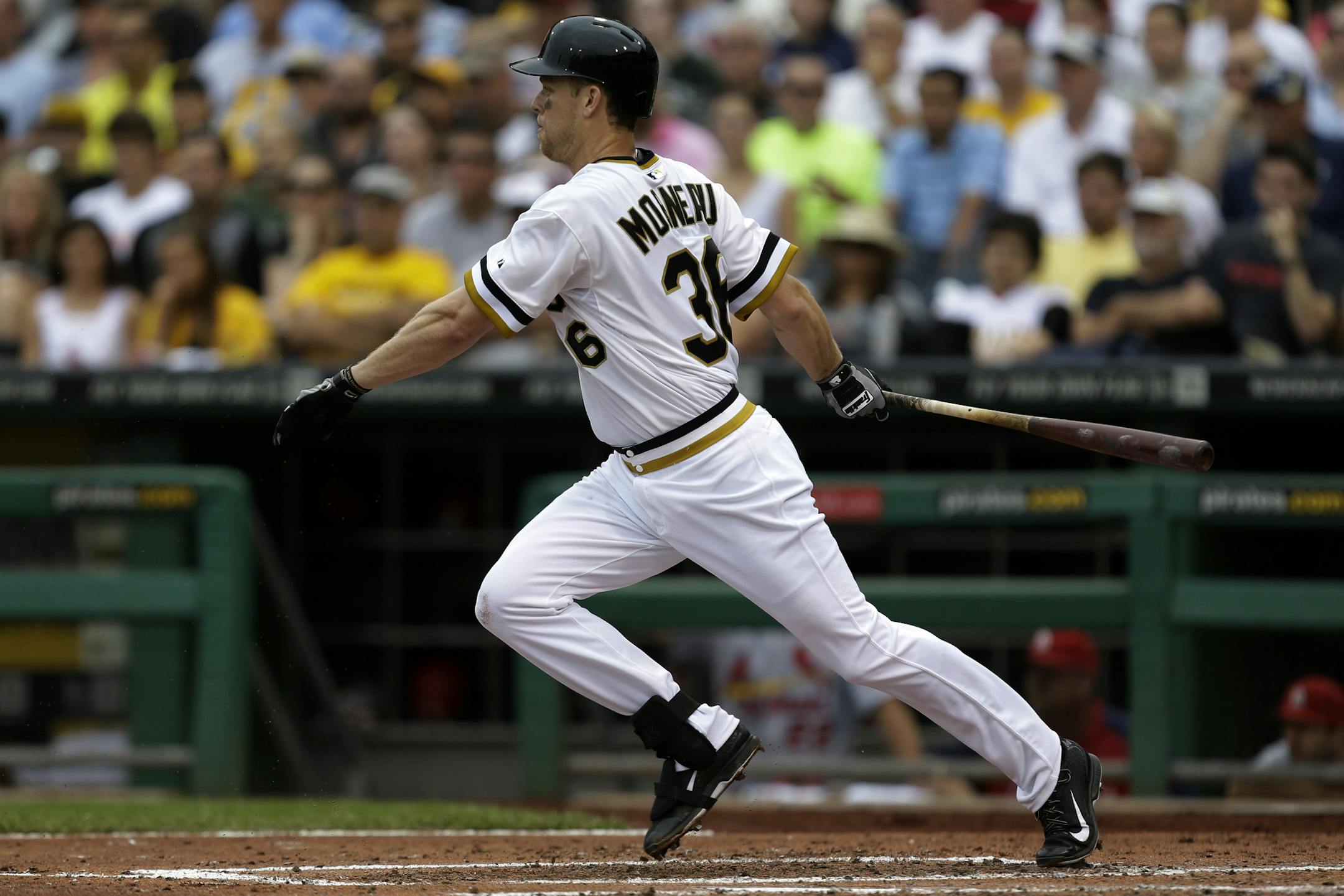 Pittsburgh Pirates' Justin Morneau grounds out in his first at-bat with the Pirates during the second inning of a baseball game against the St. Louis Cardinals in Pittsburgh Sunday, Sept. 1, 2013. (AP Photo/Gene Puskar)