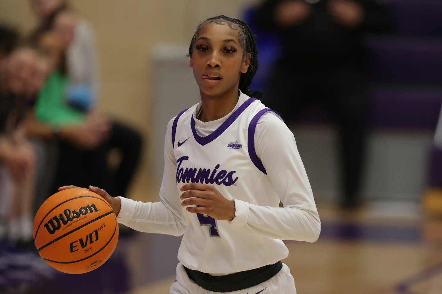 St. Thomas Jade Hill plays during an NCAA basketball game against Iowa State on Wednesday, Nov. 29, 2023 in St. Paul, Minn. (AP Photo/Andy Clayton-King)