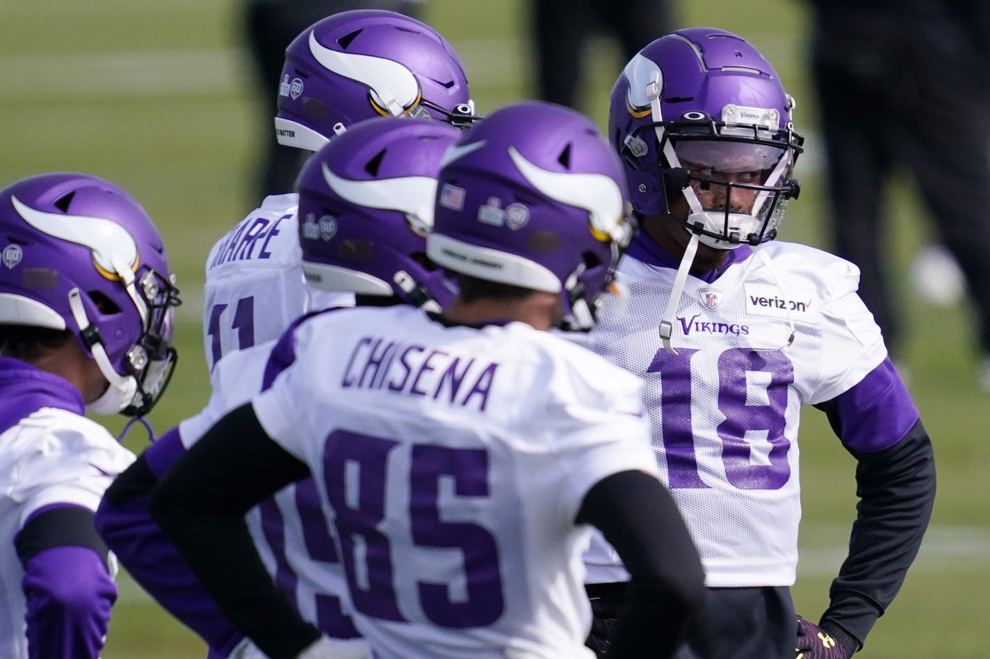 Minnesota Vikings wide receiver Justin Jefferson (18) stood with his teammates during practice Friday. ] ANTHONY SOUFFLE • anthony.souffle@startribune.com The Minnesota Vikings held practice Friday, Oct. 2, 2020 at the TCO Training Center in Eagan, Minn.