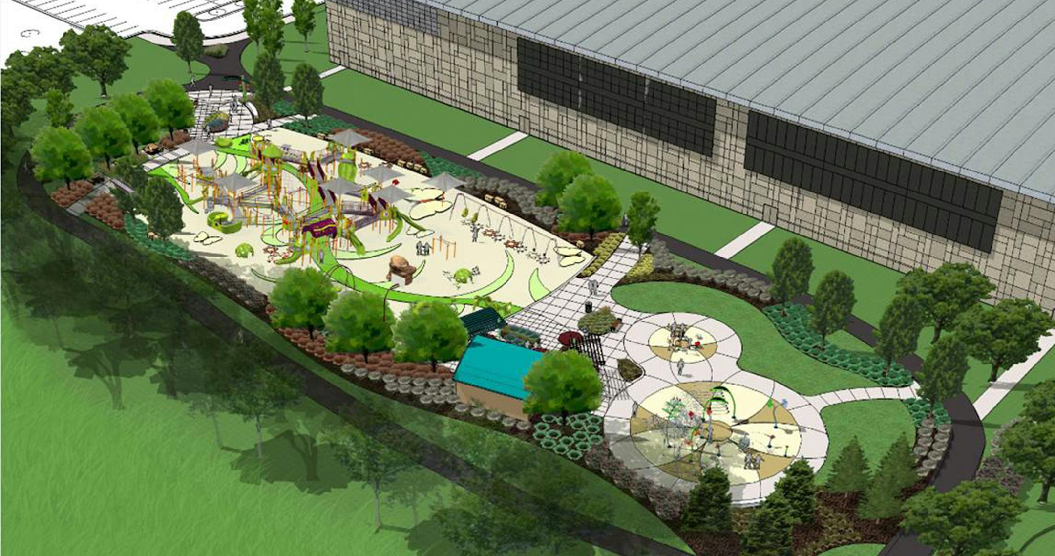 Located on the southend of new fieldhouse, Madson's playground and new splash pad with be built, equiped with its own bathroom facilities.Bielenberg Sports Complex