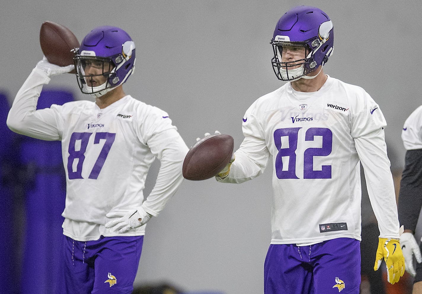 Minnesota Vikings tight end Kyle Rudolph, center, took to the field for practice at the TCO Performance Center, Wednesday, May 22, 2019 in Eagan, MN. ] ELIZABETH FLORES &#x2022; liz.flores@startribune.com