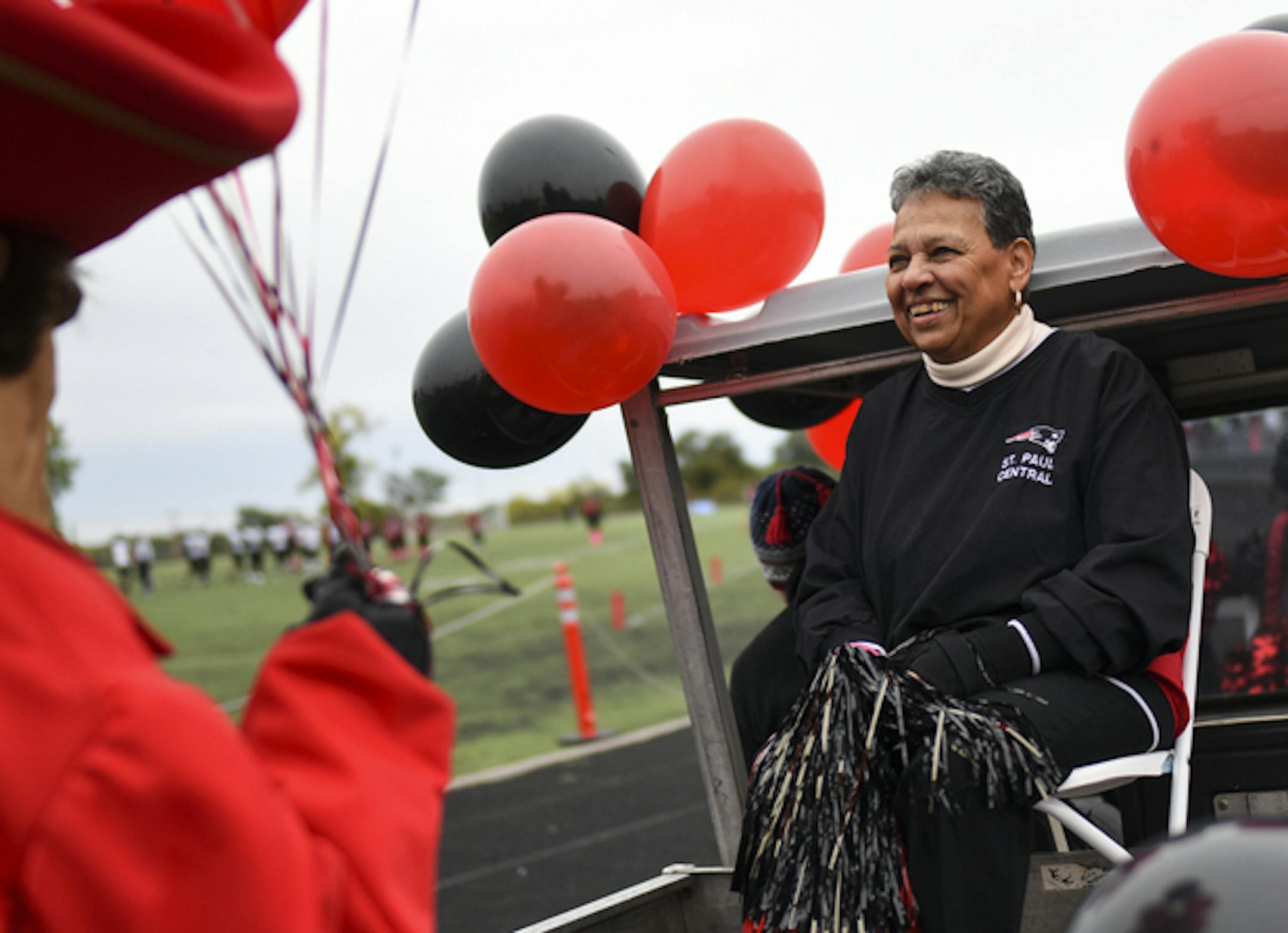 Longtime Central High School Principal Mary Mackbee was all smiles as she was driven off to a halftime ceremony in her honor Saturday. ] AARON LAVINSKY ¥ aaron.lavinsky@startribune.com Longtime Central High School Principal Mary Mackbee, who is retiring after this school year, was honored at halftime of Central's homecoming football game on Saturday, Sept. 29, 2018 in St. Paul, Minn.