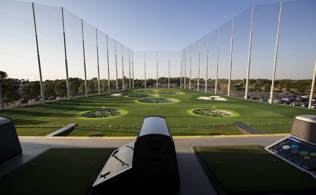 The view from one of three three driving decks of the new TopGolf in Brooklyn Center.