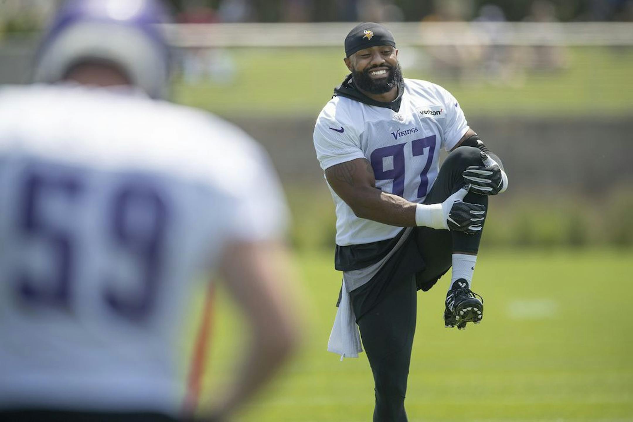 Minnesota Vikings Everson Griffen stretched with a big smile on his face before the first full day of practice at Vikings training camp at the TCO Performance Center, Friday, July 26, 2019 in Eagan, MN.