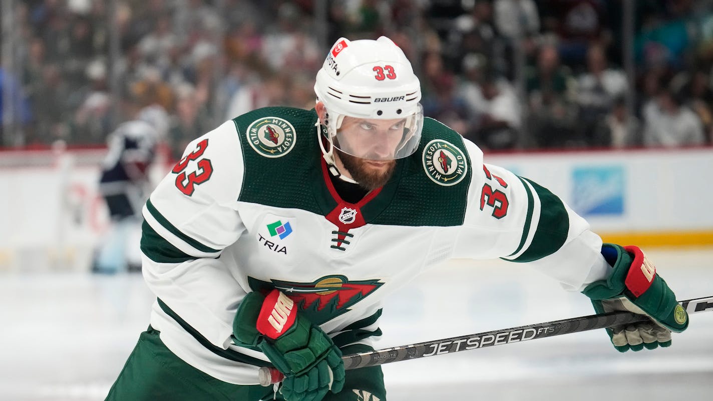 Minnesota Wild defenseman Alex Goligoski (33) in the third period of an NHL hockey game Wednesday, March 29, 2023, in Denver. (AP Photo/David Zalubowski)