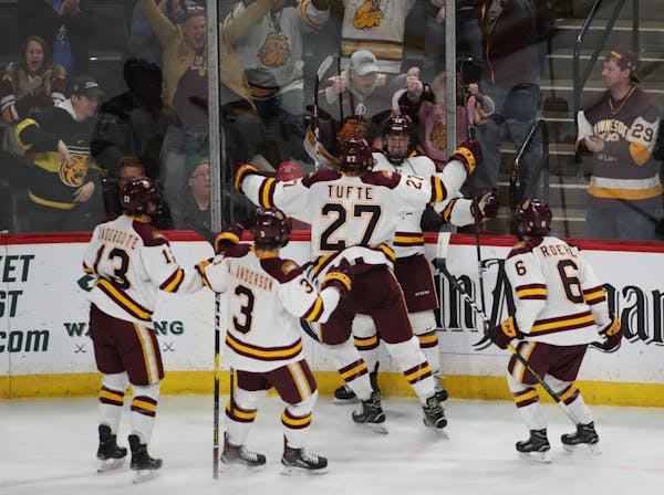 Minnesota-Duluth celebrated a goal that was called back for goaltender interference in the third period. ] Shari L. Gross ¥ shari.gross@startribune.c