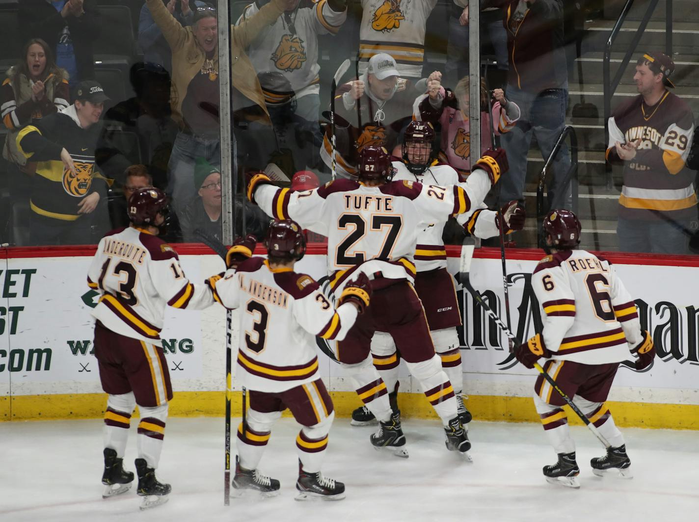 Minnesota-Duluth celebrated a goal that was called back for goaltender interference in the third period. ] Shari L. Gross ¥ shari.gross@startribune.com University of Minnesota Duluth faced off against Denver in the 2019 NCHC Tournament at Xcel Energy Center on Friday, March 23 in St. Paul, Minn.