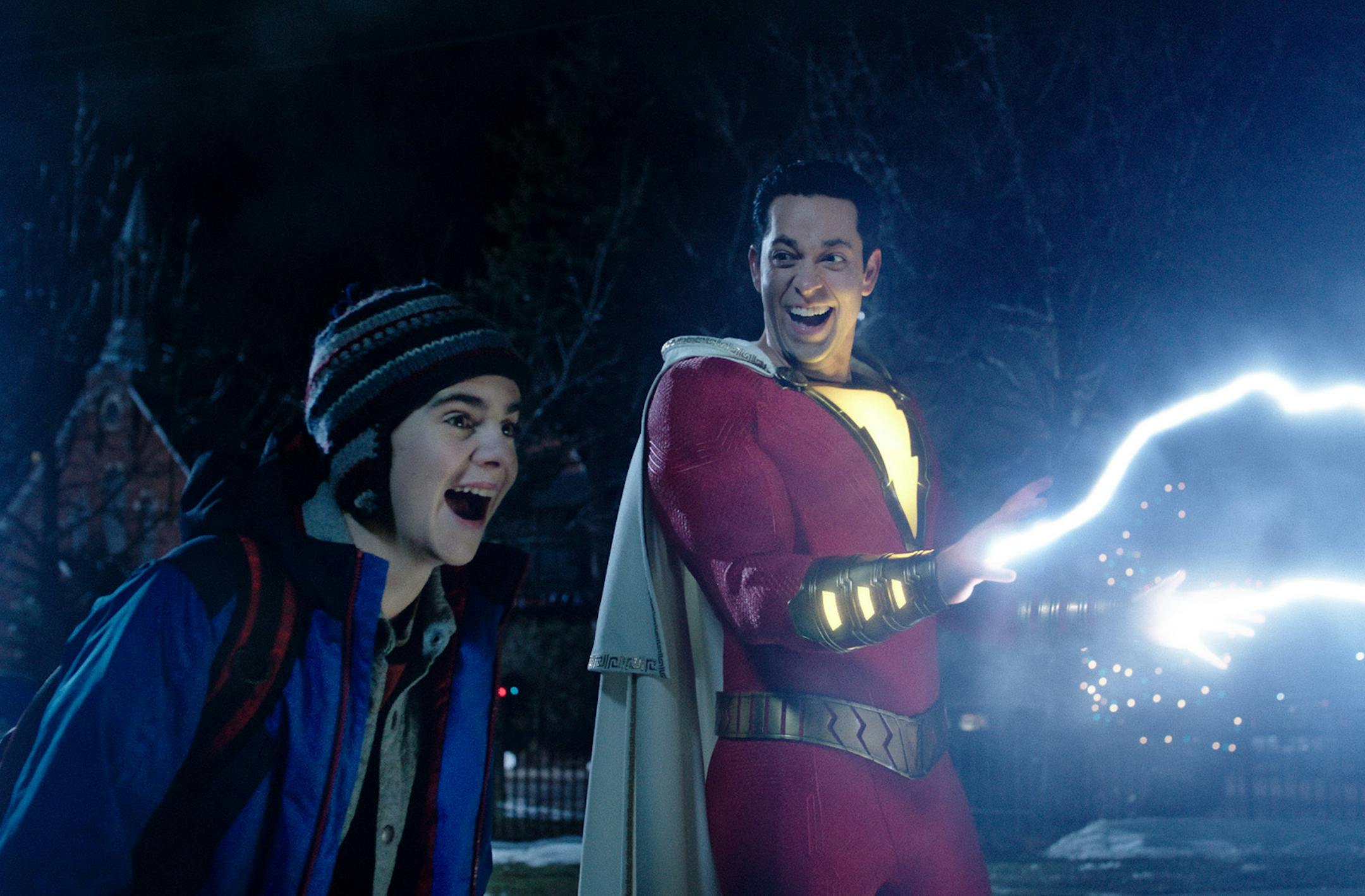 Freddy Freeman (Jack Dylan Grazer) watches Shazam (Zachary Levi) do his "Lightning from my hands" routine, which will have you humming "Eye of the Tiger" the rest of the day. (Warner Bros. Pictures/TNS) ORG XMIT: 1298594