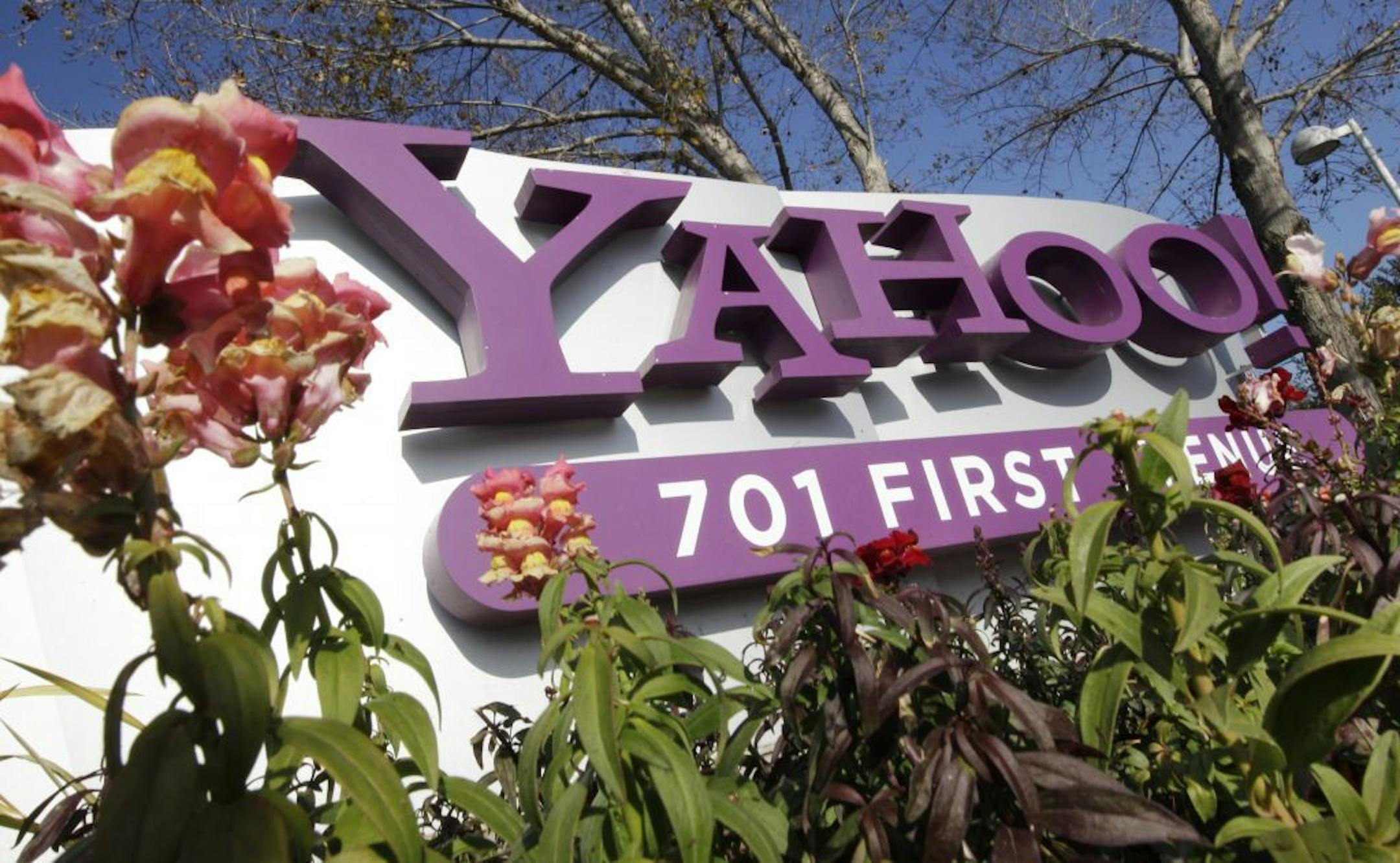 The company logo is displayed at Yahoo headquarters in Sunnyvale, Calif.
