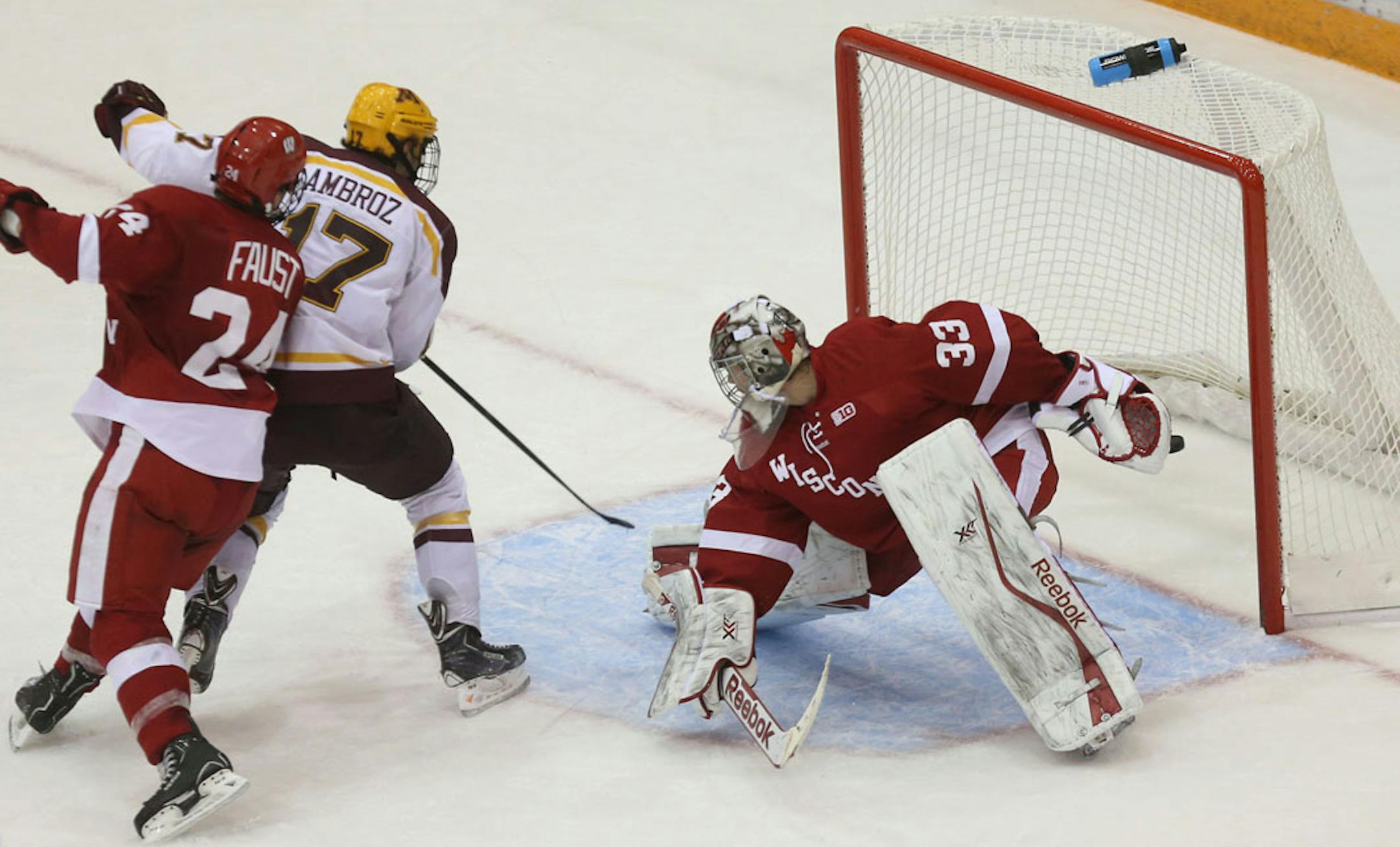 Seth Ambroz scored the winning goal against Wisconsin goalie Joel Rumpel at Mariucci Arena on Saturday, November 30, 2013.