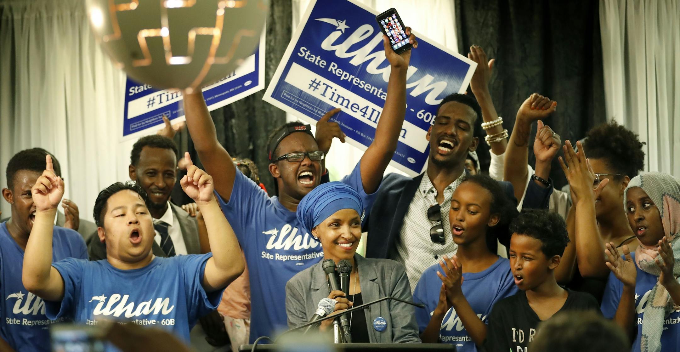 Ilhan Omar spoke to supporters at Kalsan in Minneapolis.