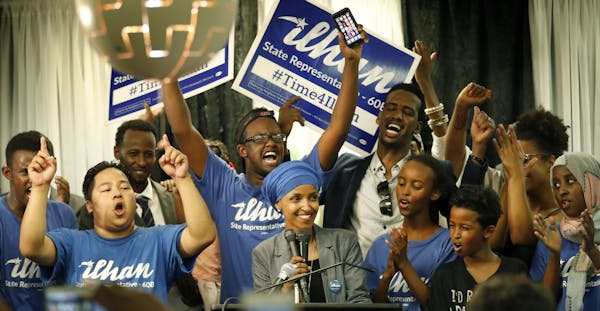 Ilhan Omar spoke to supporters at Kalsan in Minneapolis.