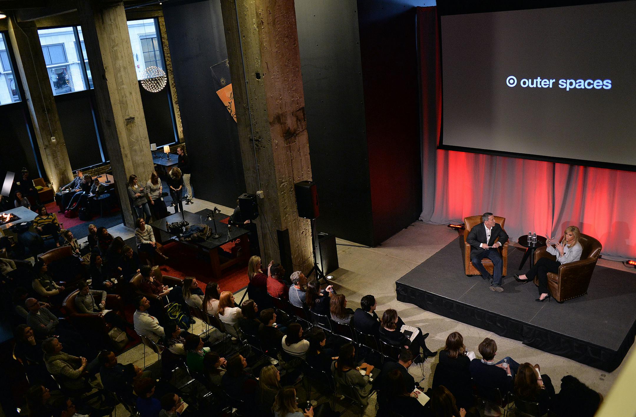 Entrepreneur and inventor, Joy Mangano, speaks with Target CEO Brian Cornell before taking questions from the crowd of Target employees regarding her success, trials, and how meet one's goals Thursday, January 14 at Target Plaza Commons in downtown Minneapolis. ] (SPECIAL TO THE STAR TRIBUNE/BRE McGEE) **Joy Mangano (inventor, entrepreneur), Brian Cornell (Target CEO)