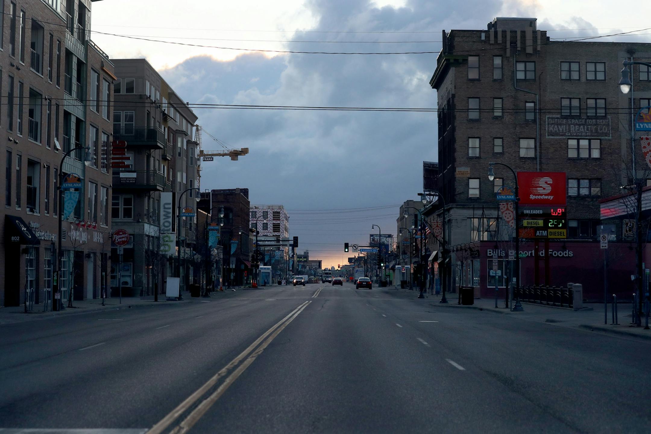 Lake Street near Bryant Avenue S. is usually bustling with both foot and auto traffic but is mostly empty Thursday, April 9, 2020, in the wake of the Coronavirus.