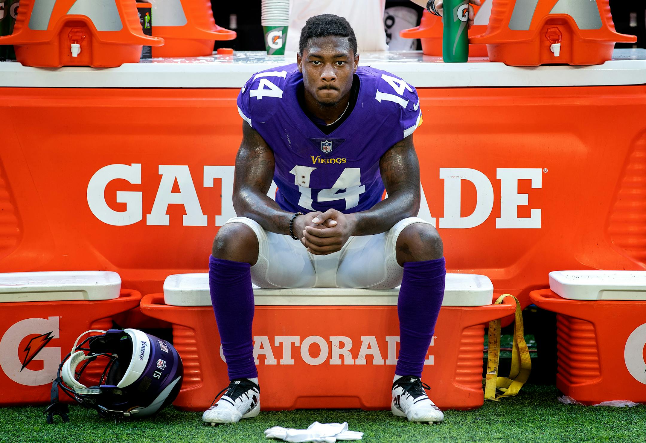Minnesota Vikings receiver Stefon Diggs sat on a cooler at the end of the game. The Bills upset the Vikings 27-6. ] CARLOS GONZALEZ ï cgonzalez@startribune.com ñ September 23, 2018, Minneapolis, MN, US Bank Stadium, NFL, Minnesota Vikings vs Buffalo Bills