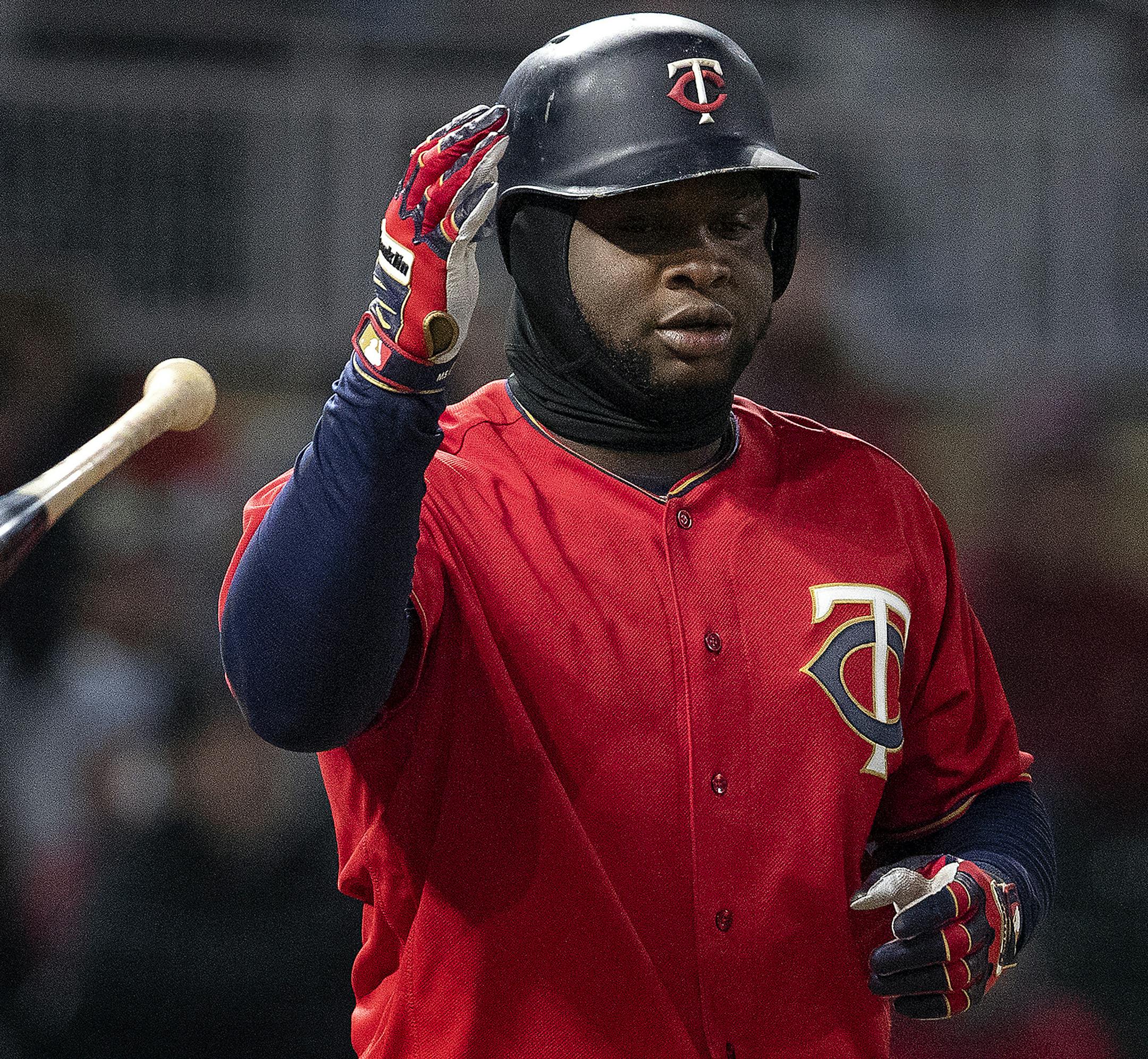 Minnesota Twins' Miguel Sano tosses his bat after striking out in the sixth inning against the Houston Astros on Tuesday, April 10, 2018 at Target Field in Minneapolis, Minn. (Carlos Gonzalez/Minneapolis Star Tribune/TNS) ORG XMIT: 1228242