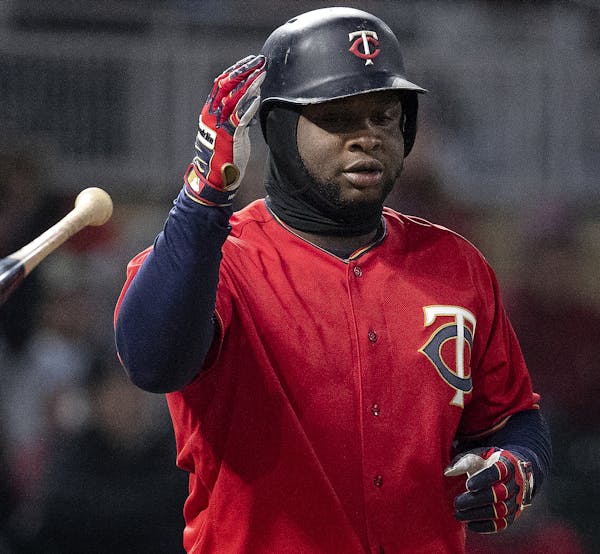 Minnesota Twins' Miguel Sano tosses his bat after striking out in the sixth inning against the Houston Astros on Tuesday, April 10, 2018 at Target Fie