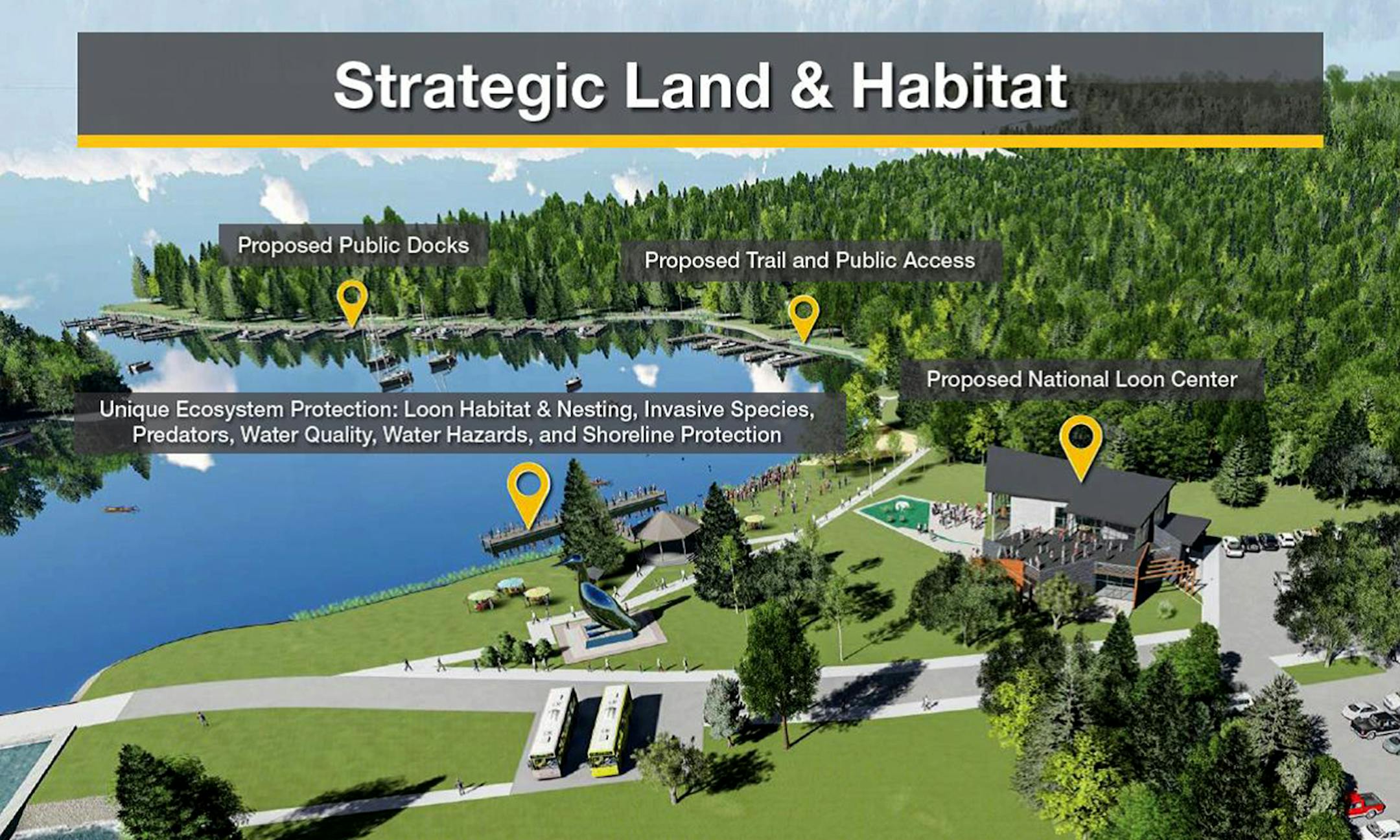 The proposed National Loon Center in Crosslake, Minn., continues to clear development hurdles for eventual construction on lakeside property controlled by the Army Corps of Engineers. Army Corps officials recently completed a positive environmental assessment, but the project is still open for public comment and $6 million needs to be raised. In a separate funding push, state legislators are reviewing a proposed grant of $4 million.