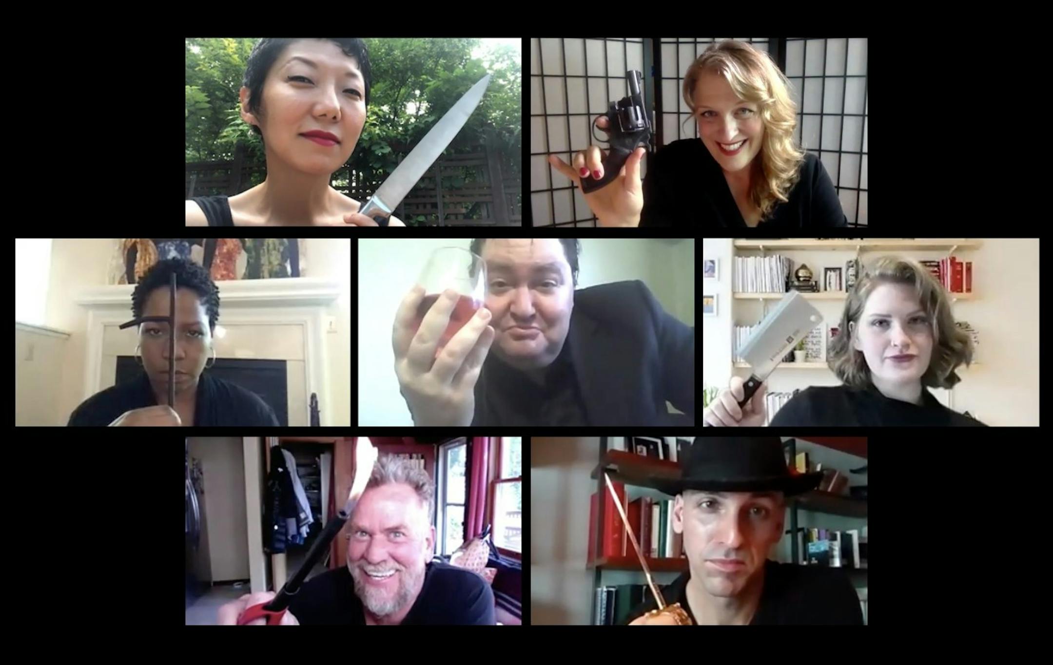 The murderous cast of "Riddle Puzzle Plot," created specifically for streaming, includes (clockwise from top left) Sun Mee Chomet, Shanan Custer, Alessandra Bongiardina, Rodolfo Nieto, Pearce Bunting, Aimee K. Bryant and E.J. Subkoviak. /Park Square Theatre
