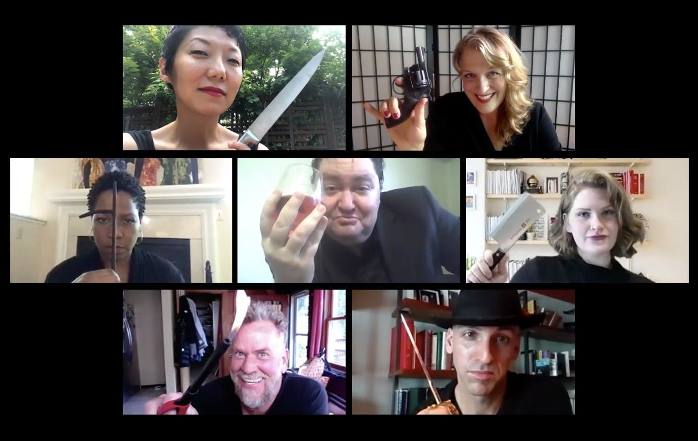 The murderous cast of "Riddle Puzzle Plot," created specifically for streaming, includes (clockwise from top left) Sun Mee Chomet, Shanan Custer, Alessandra Bongiardina, Rodolfo Nieto, Pearce Bunting, Aimee K. Bryant and E.J. Subkoviak. /Park Square Theatre