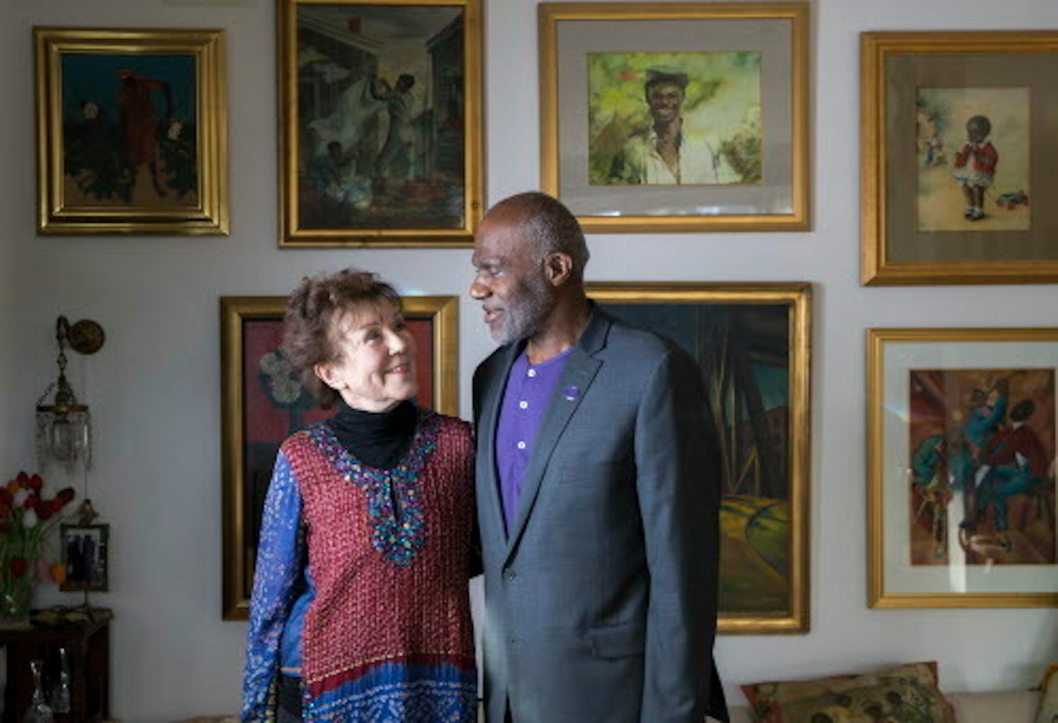 Diane and Alan Page stood in their home that is full of African American art, antiques and artifacts on Tuesday, December 19, 2017, in Minneapolis, Minn. Many of these items will be included in a exhibit called 'Testify: Americana from Slavery to Today" that opens January 8 for a month at The Hennepin County Library.  ] RENEE JONES SCHNEIDER ' renee.jones@startribune.com
