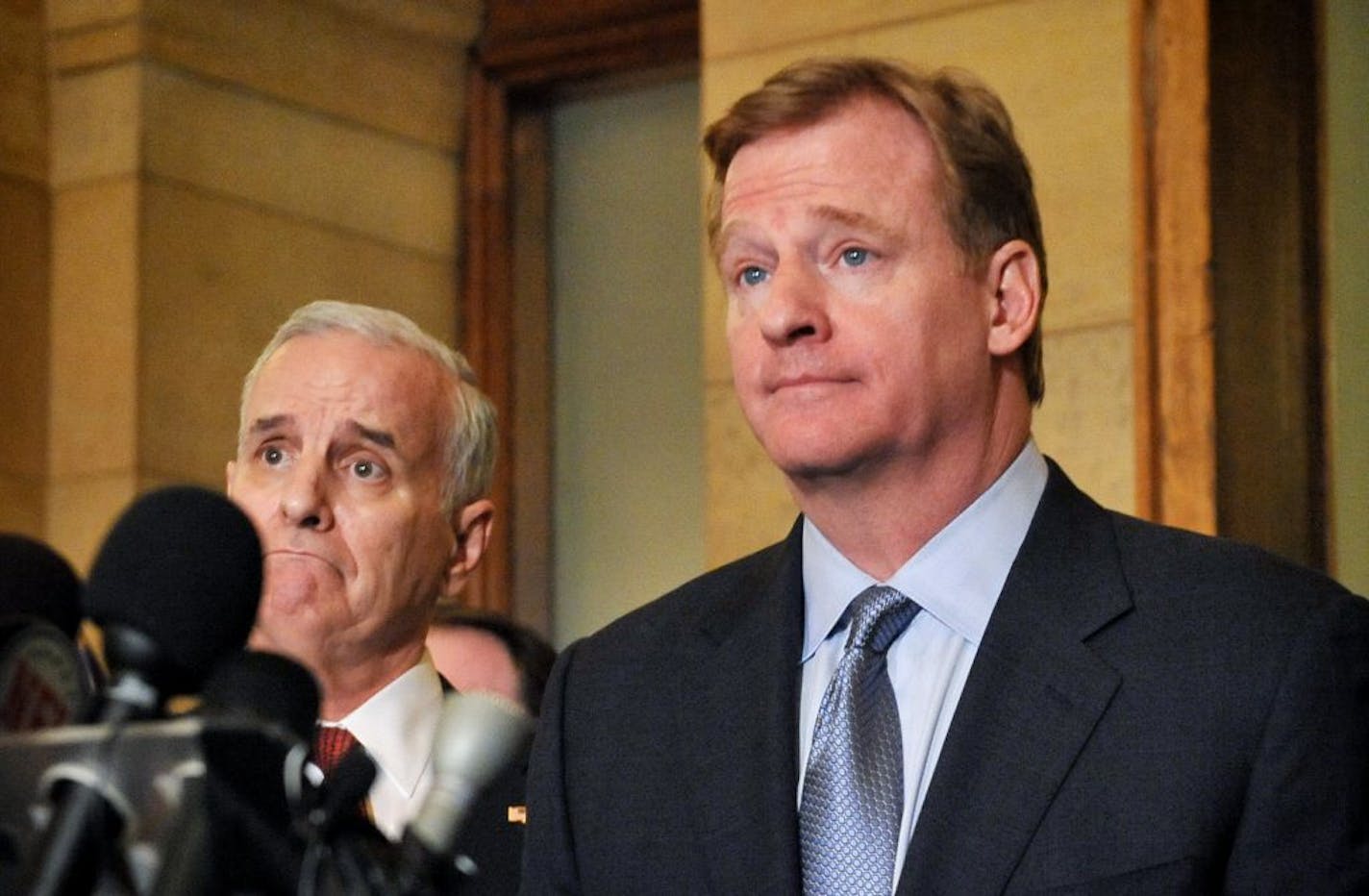 Governor Mark Dayton, left and NFL commissioner Roger Goodell spoke to the media after they met at the Capitol to discuss the Vikings stadium. Friday, April 20, 2012.