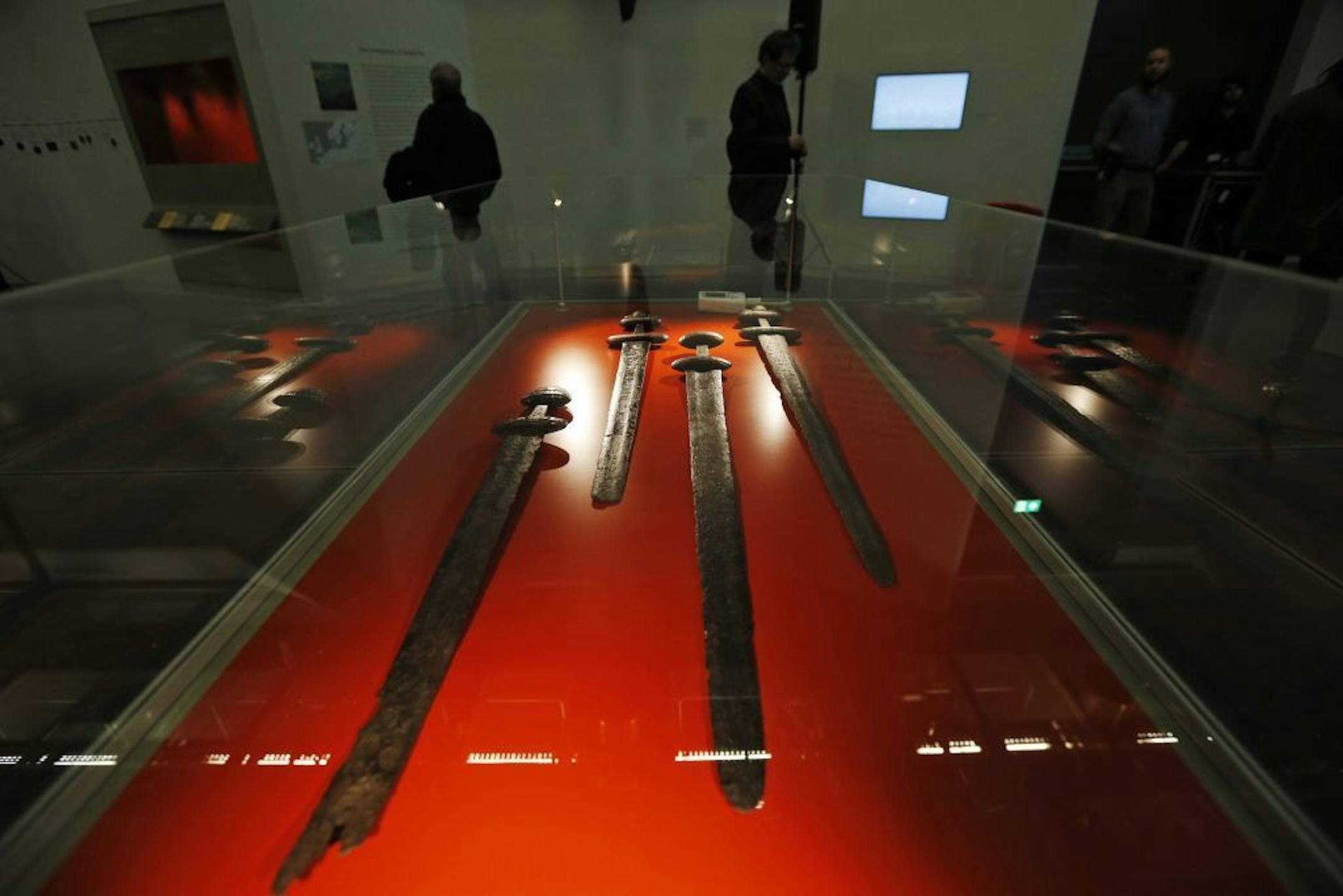 Viking swords are displayed part of a new exhibition entitled 'Vikings: Life and Legend' at the British Museum in central London, Tuesday, March 4, 2014.