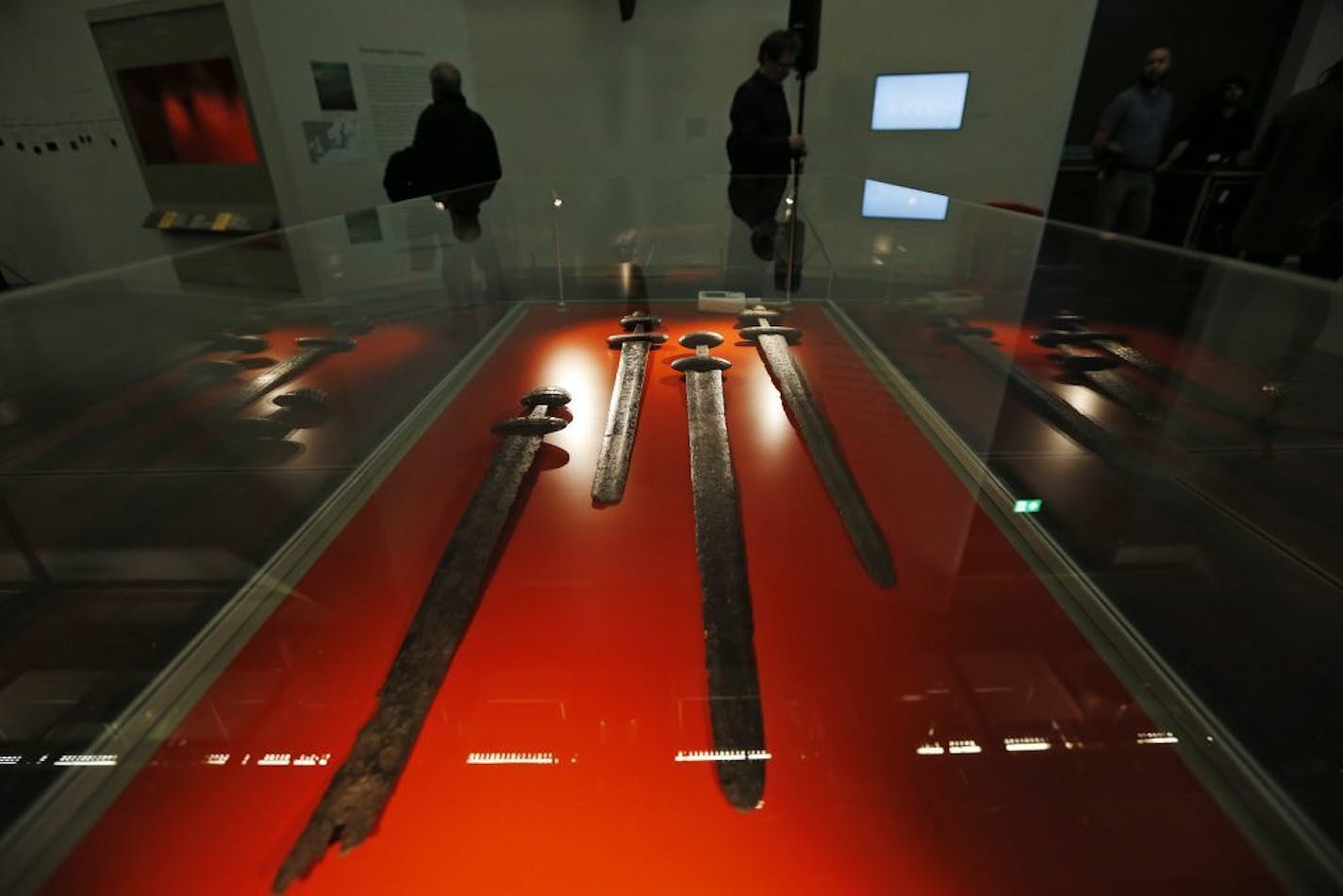 Viking swords are displayed part of a new exhibition entitled 'Vikings: Life and Legend' at the British Museum in central London, Tuesday, March 4, 2014.