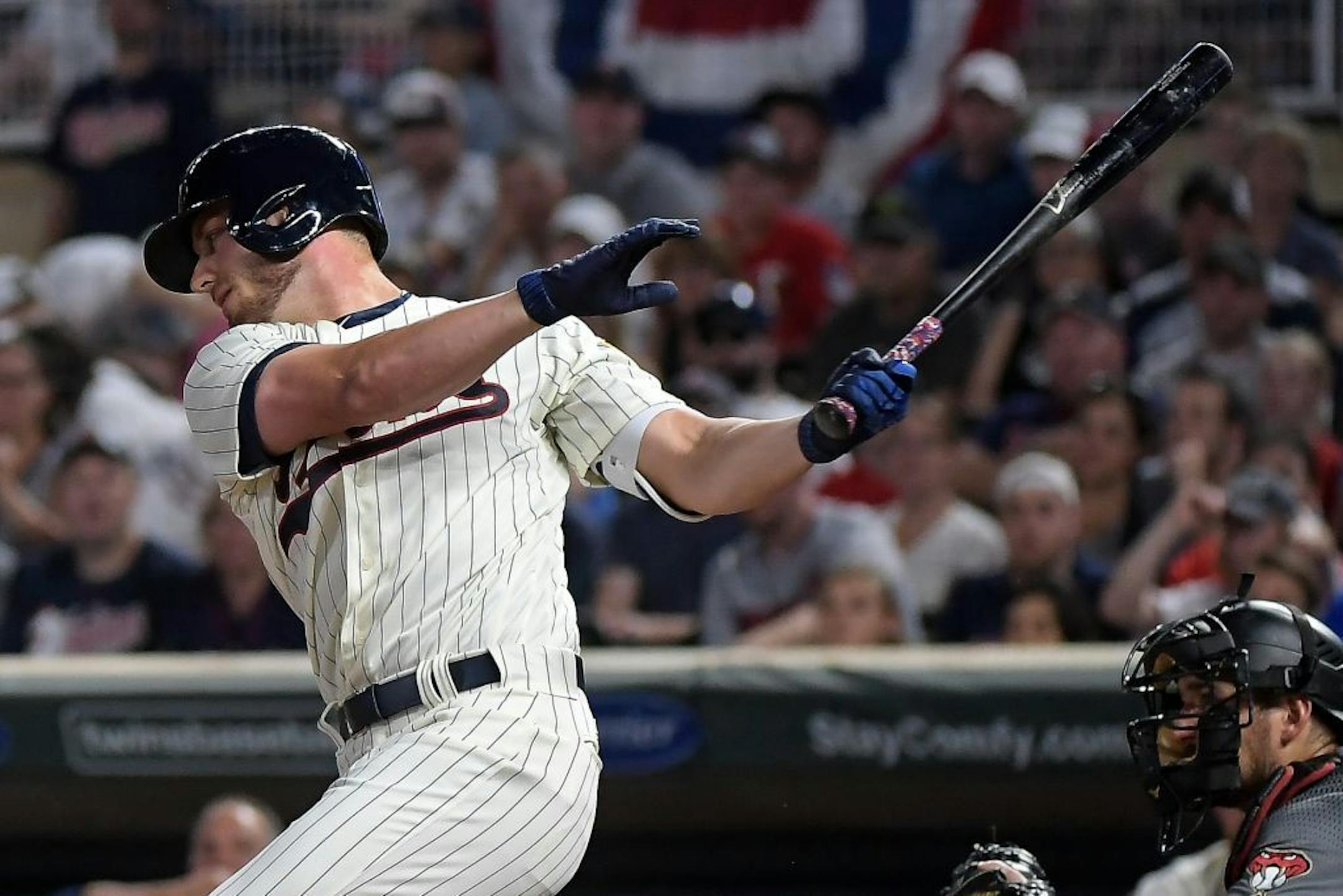 Minnesota Twins catcher Mitch Garver's (43) first career at bat in the MLB ended as he struck out swinging Saturday night against the Arizona Diamondbacks.