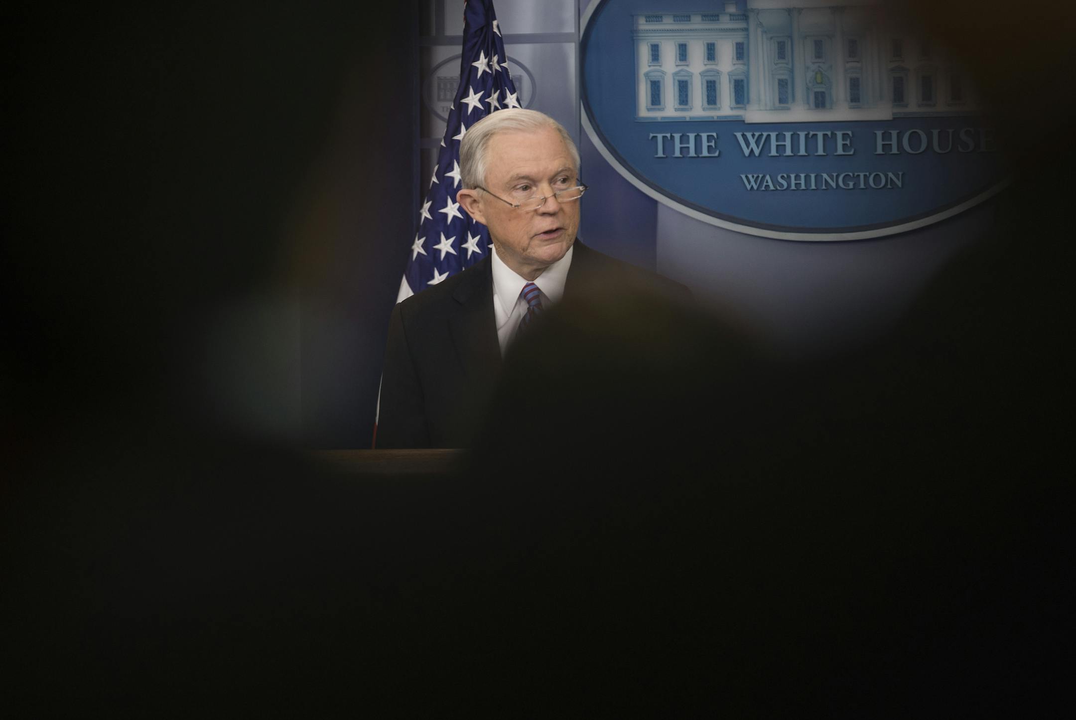 Attorney General Jeff Sessions, who has promoted the decrease in illegal border crossings, speaks about immigration, in Washington, March 27, 2017. Some on the right say they feel betrayed about a series of reversals by President Donald Trump on a number of his campaign promises, but others endorse Trump’s lack of rigidity and are rallying around him under what they see as relentless attacks. (Stephen Crowley/The New York Times)