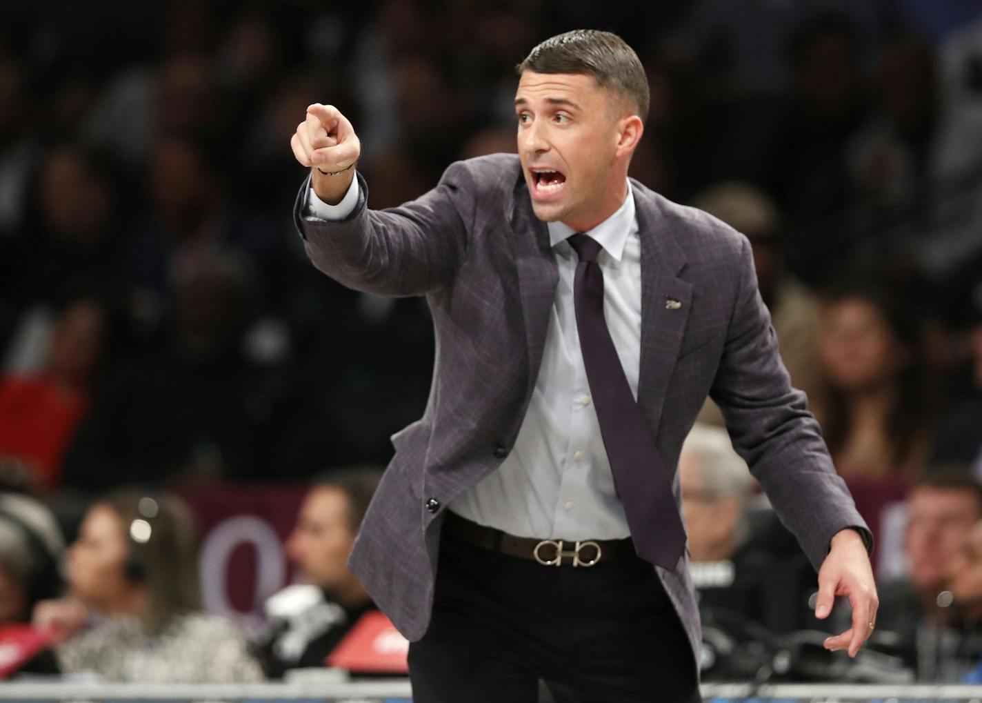 Minnesota Timberwolves head coach Ryan Saundners gestures during the first half of an NBA basketball game against the Brooklyn Nets, Wednesday, Oct. 23, 2019, in New York. (AP Photo/Kathy Willens)