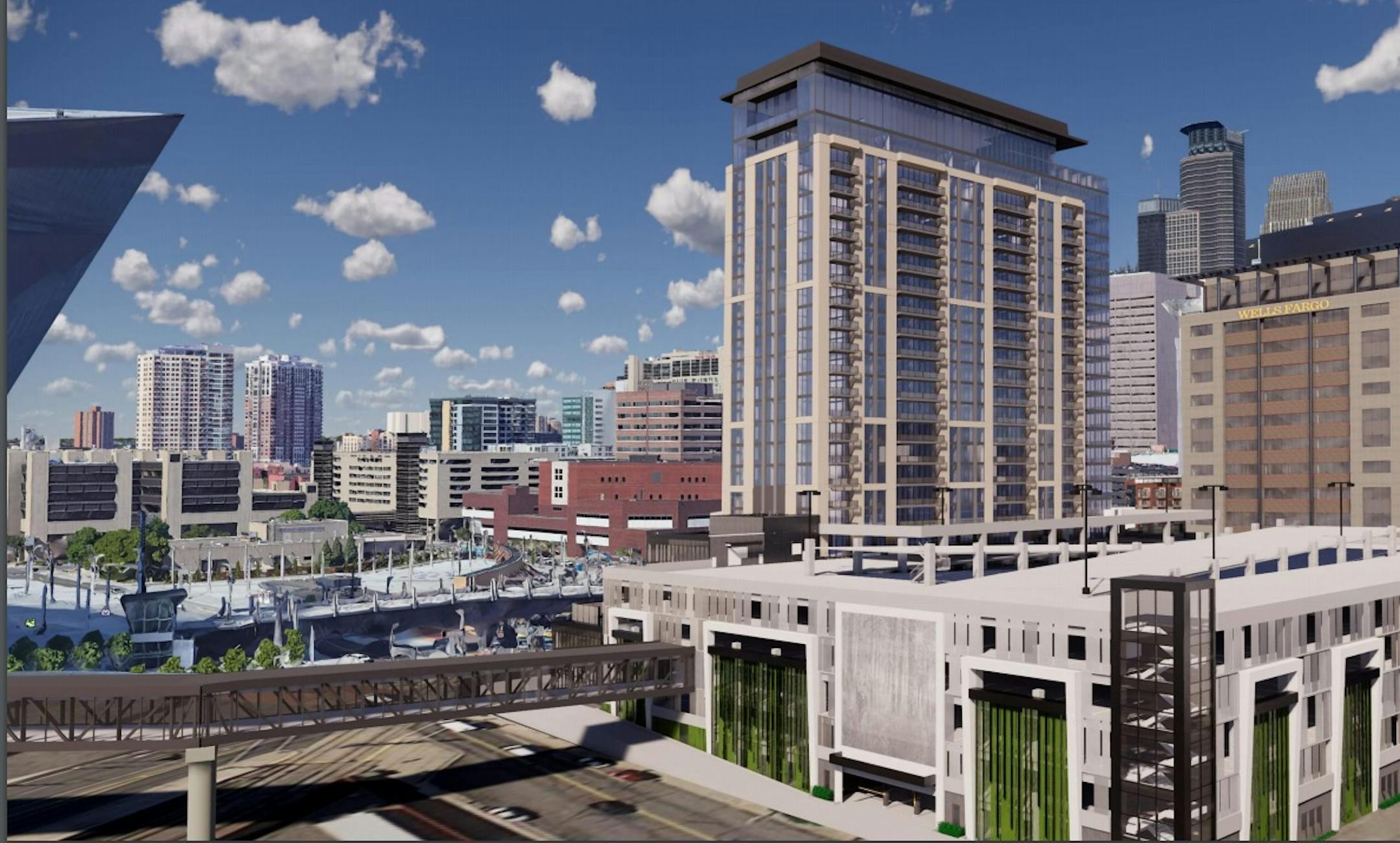 South-facing view of the apartment building Ryan Cos. is proposing next to the parking ramp that connects to U.S. Bank Stadium in downtown Minneapolis.