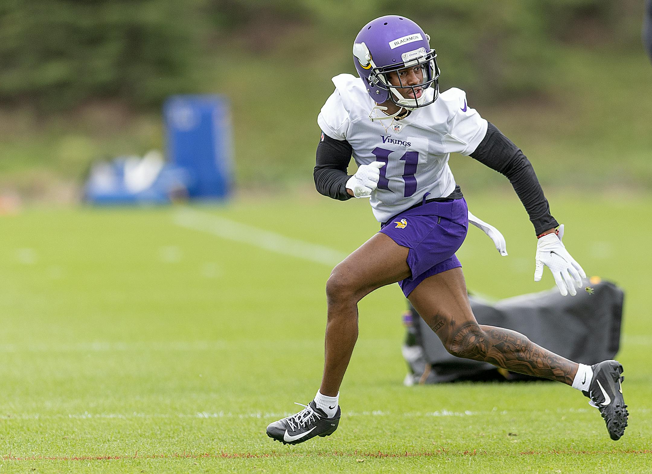Minnesota Vikings cornerback Mekhi Blackmon runs during Rookie Mini Camp at TCO Performance Center in Eagan, Minn., on Friday, May 12, 2023.