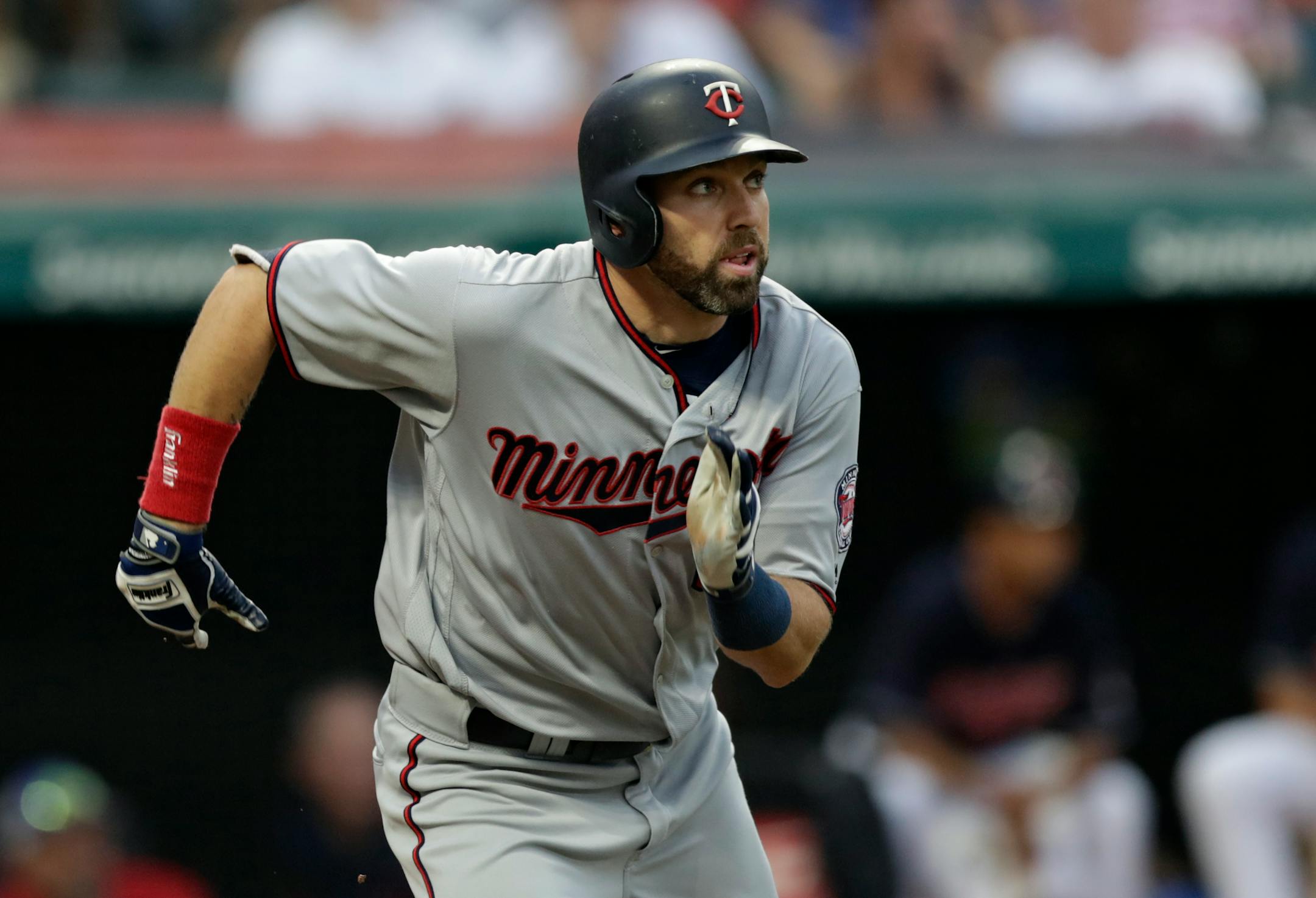 Jake Cave watches his ball after hitting a single off Cleveland pitcher Mike Clevinger on Wednesday