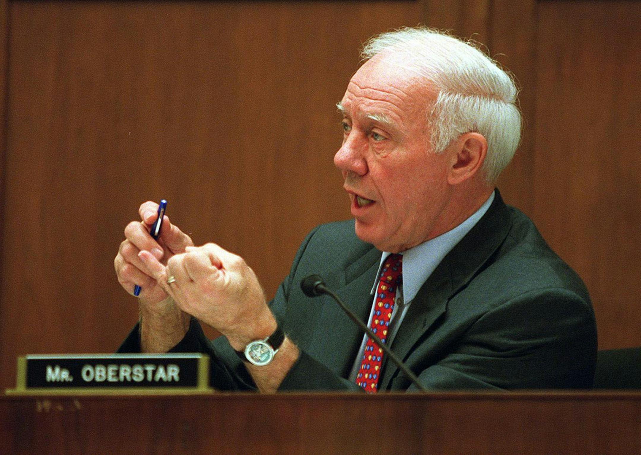 Representative James L. Oberstar (Democrat- Minnesota) addresses the House Railroads Subcommittee on Tuesday, October 2, 2001 in the Rayburn House office building in Washington, D.C. (Photo by Jeff Hutchens)