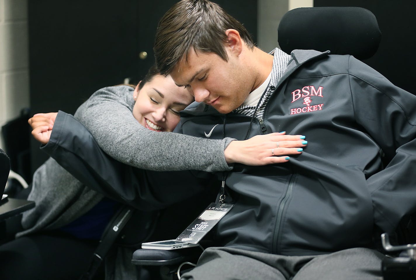 LA Kings intern Vanessa Atler gave Jack Jablonski a hug after he gave her a gift in the intern room at the Staples Center, Tuesday, February 23, 2016 in Los Angeles, CA. ] (ELIZABETH FLORES/STAR TRIBUNE) ELIZABETH FLORES &#x2022; eflores@startribune.com