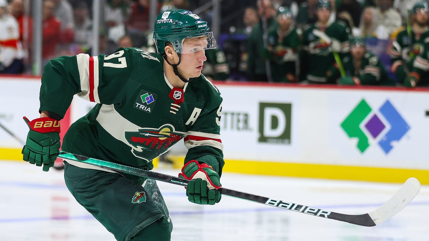 Minnesota Wild left wing Kirill Kaprizov (97) skates during the second period of an NHL hockey game against the Florida Panthers, Thursday, Oct. 12, 2023, in St. Paul, Minn. (AP Photo/Matt Krohn)