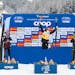 Winner Jessie Diggins of the USA celebrates on the podium with second place Rosie Brennan of USA, left, and third place Frida Karlsson of Sweden after