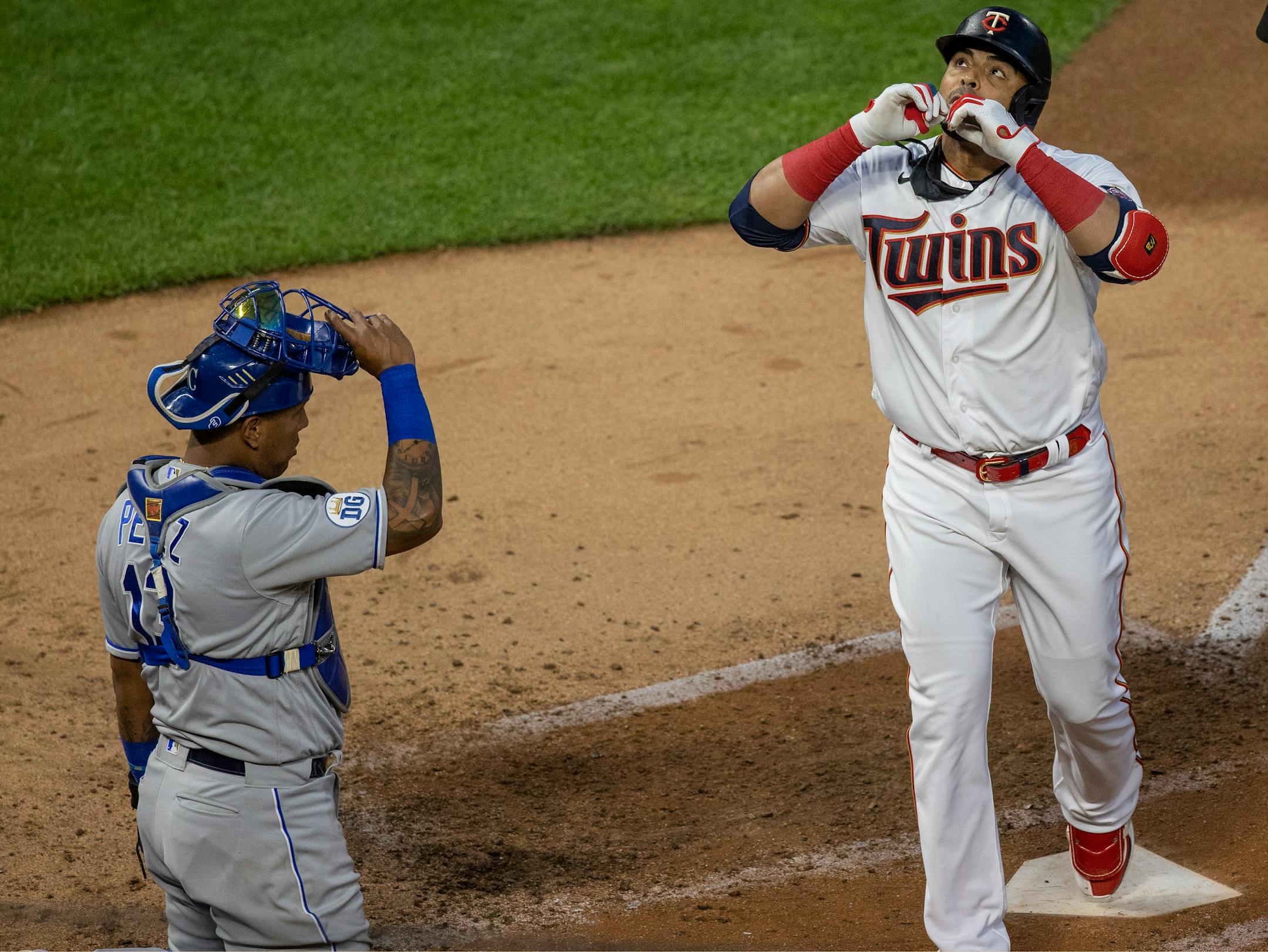 Designated hitter Nelson Cruz celebrated in the fourth inning after the first of his two home run, helping the Twins to beat Kansas City 4-1 on Monday night at Target Field.