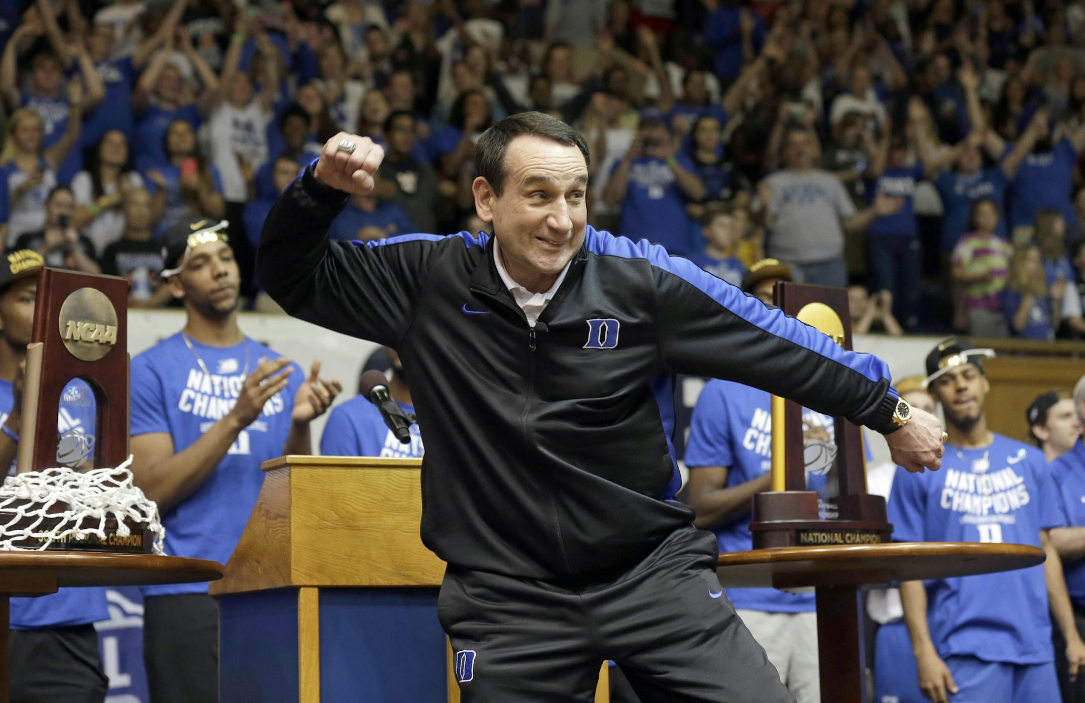 Duke coach Mike Krzyzewski reacts during a homecoming celebration for the national championship Duke basketball team at Cameron Indoor Stadium Tuesday, April 7, 2015 in Durham, N.C. Duke defeated Wisconsin Monday night in the NCAA Final Four tournament championship game. (AP Photo/Gerry Broome) ORG XMIT: MIN2015040819063767