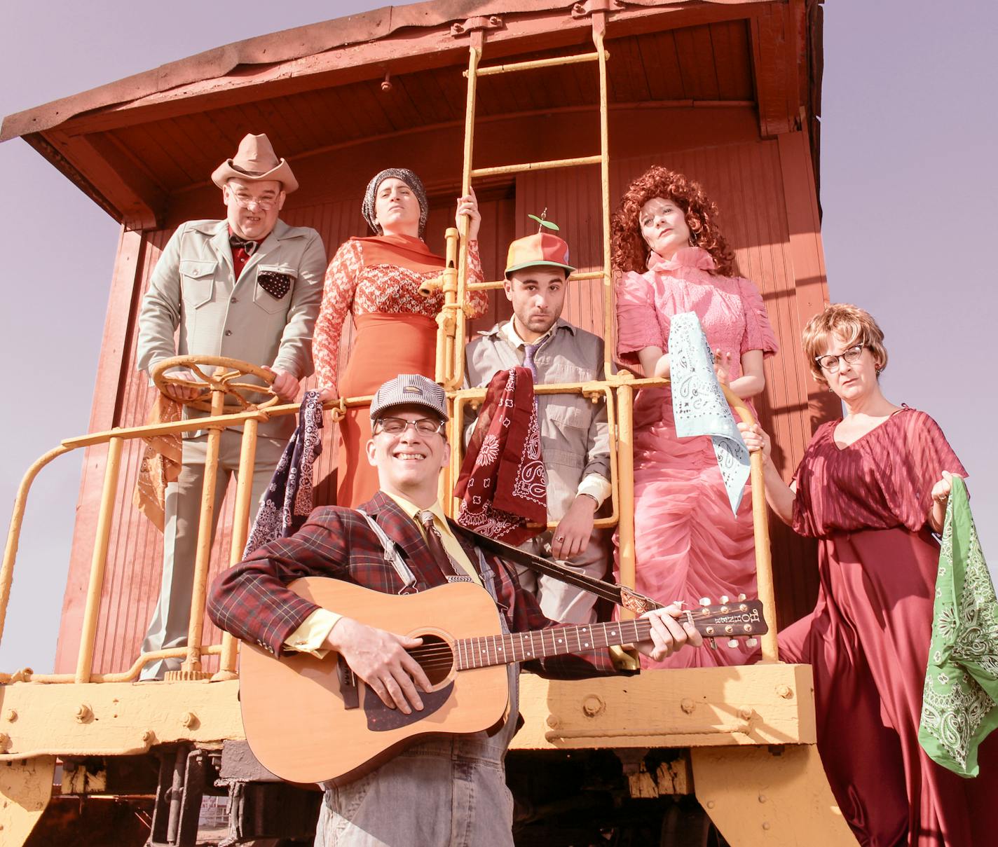 Sod House Theater's "Hoopla Train" Front: Yard Master Yip played by Jim Lichtscheidl. Writer and director. Rear L-R: Luverne Seifert, Elise Langer, Nathan Keepers, Kimberly Richardson, Darcey Engen Photo by Mark Chamberlain