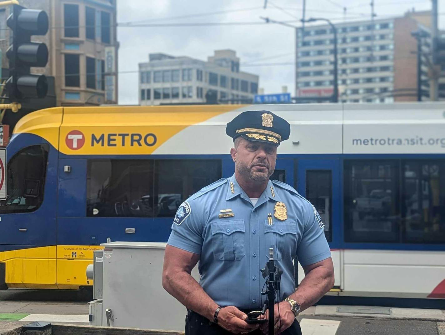 Minneapolis Police Chief Brian O'Hara stands near 5th Avenue Saturday while announcing details of a fatal hit and run that killed a 16-year-old and seriously injured others.